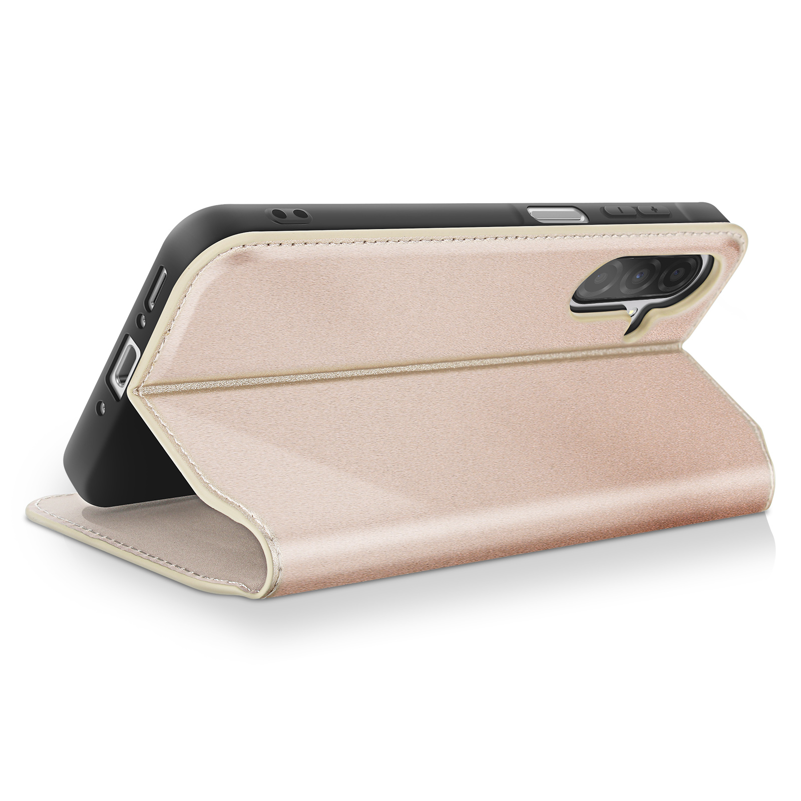 Una custodia per telefono color oro rosa è aperta, mostrando il telefono. La custodia è su una superficie bianca, con un'ombra.
