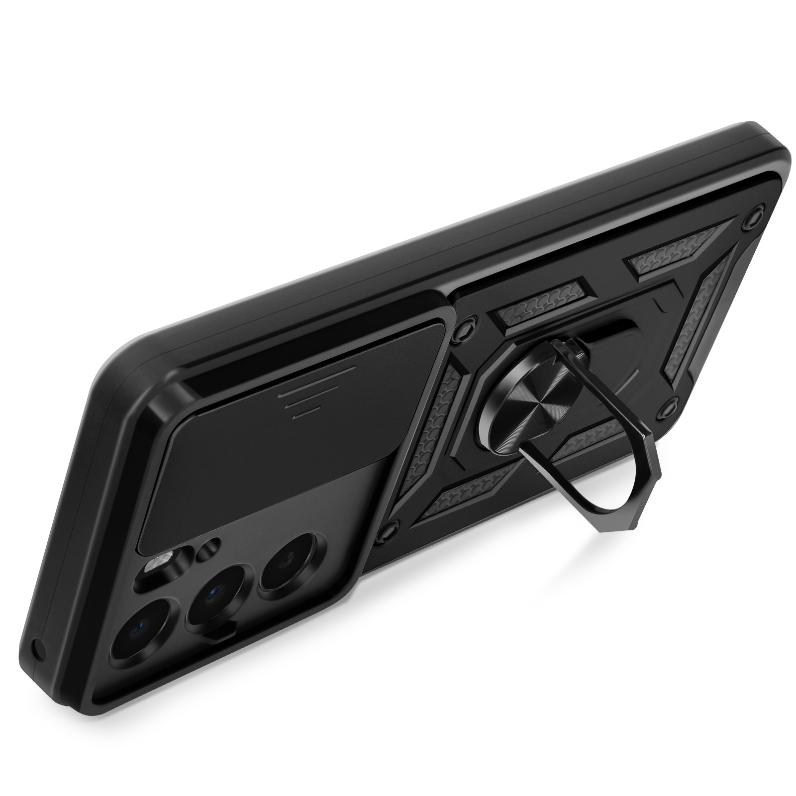 Custodia nera per telefono con fori per fotocamera e supporto ad anello, angolata su una superficie bianca.