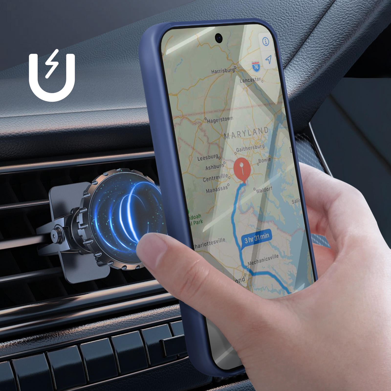 Un telefono con mappa viene tenuto vicino a una presa d'aria dell'auto. È presente anche un supporto magnetico.
