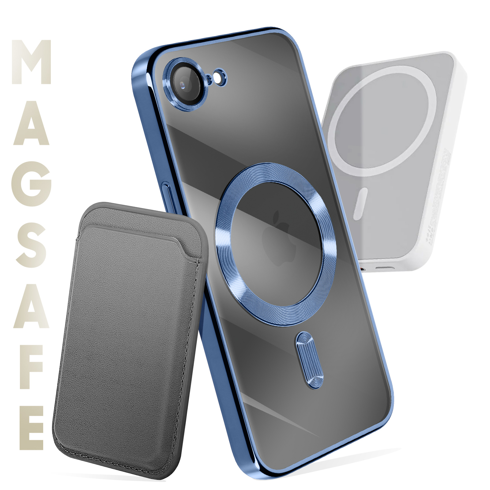 Afbeelding toont telefoonhoesje, MagSafe portemonnee en oplader. De telefoonhoes is blauw en doorzichtig. De portemonnee is grijs.