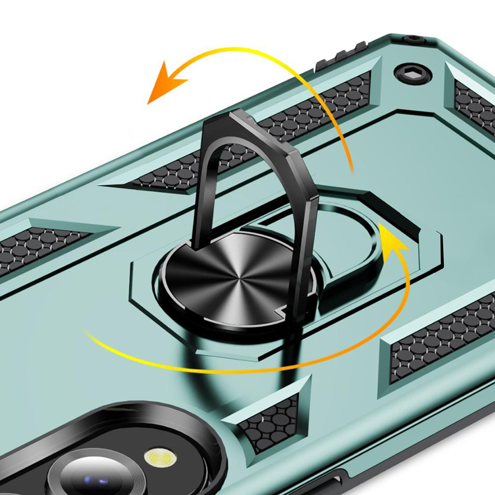 Primo piano di una custodia per telefono con supporto ad anello. La custodia è verde acqua con accenti neri e ha una fotocamera.