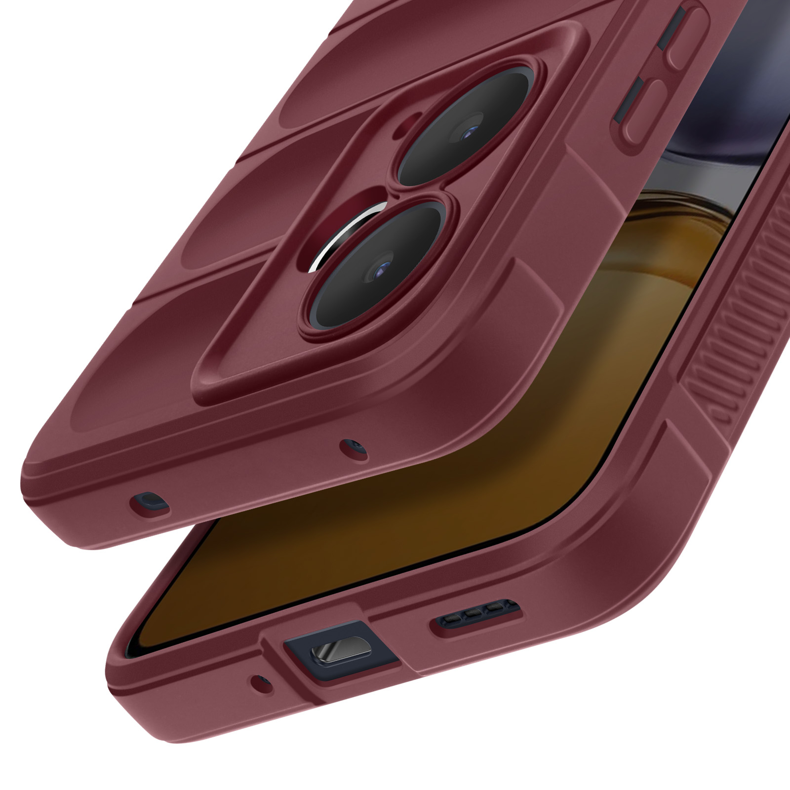 Una custodia per telefono bordeaux con aperture per fotocamera e pulsanti. Lo schermo del telefono è visibile.