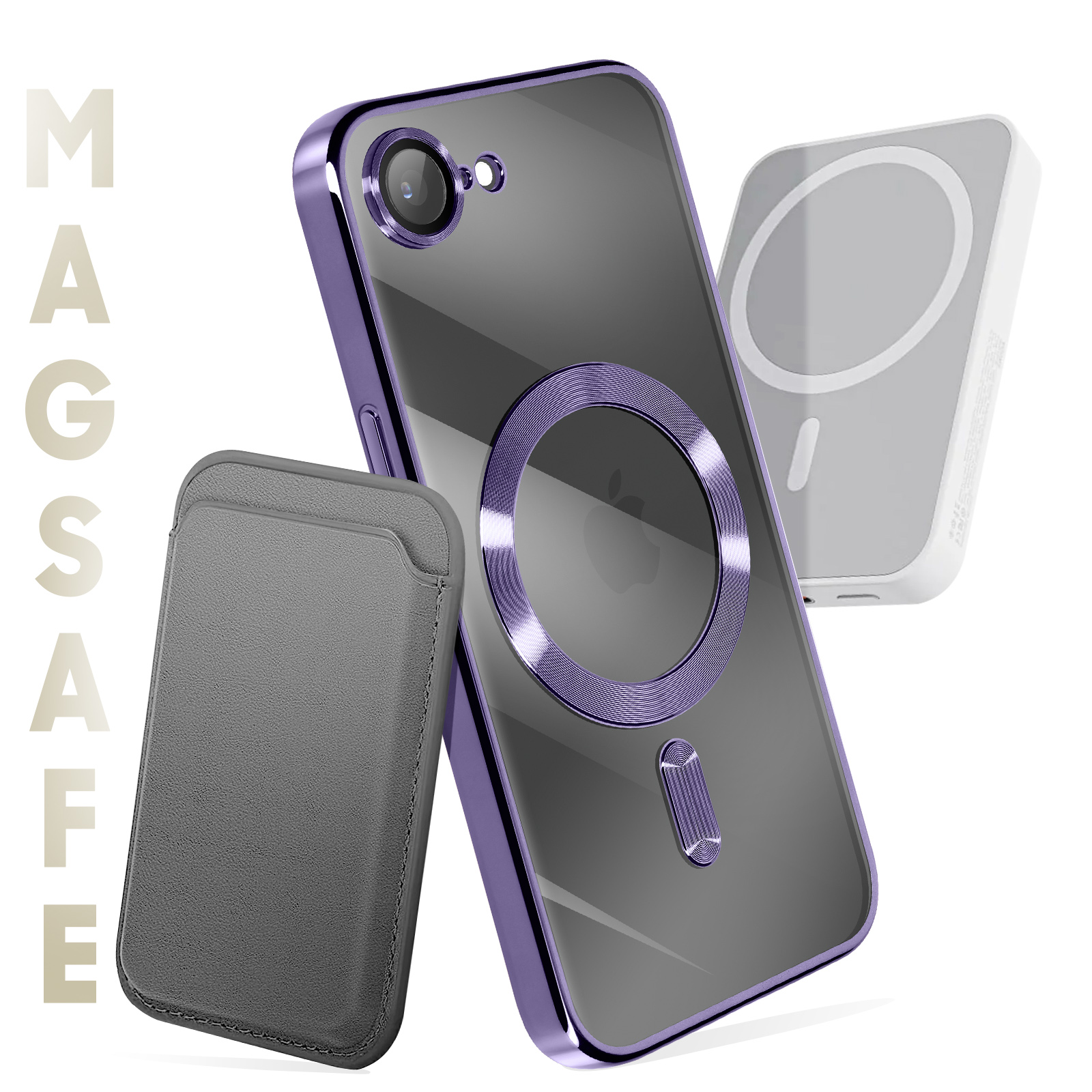 L'image montre une coque de téléphone violette, un portefeuille gris et un socle de chargement blanc sur fond blanc.