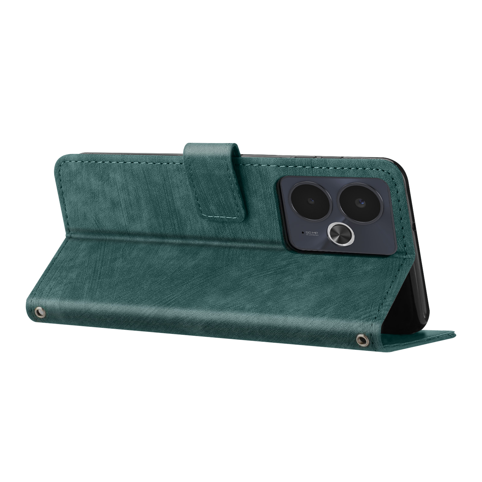 Custodia verde per telefono aperta, che mostra il telefono. La custodia ha una chiusura e dettagli di cucitura. Il telefono ha doppie fotocamere.
