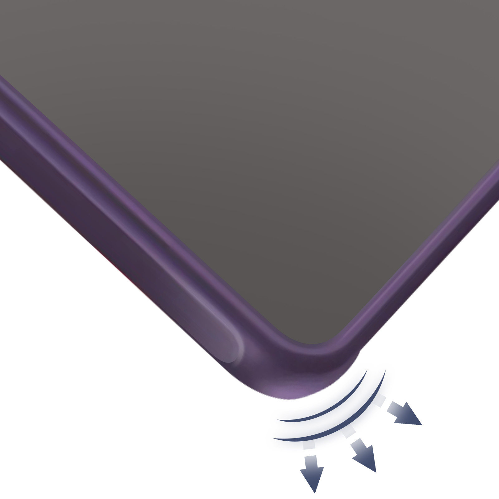 Un coin violet d'un téléphone ou d'une tablette. L'écran est gris et le fond est blanc. Des flèches indiquent une chute.