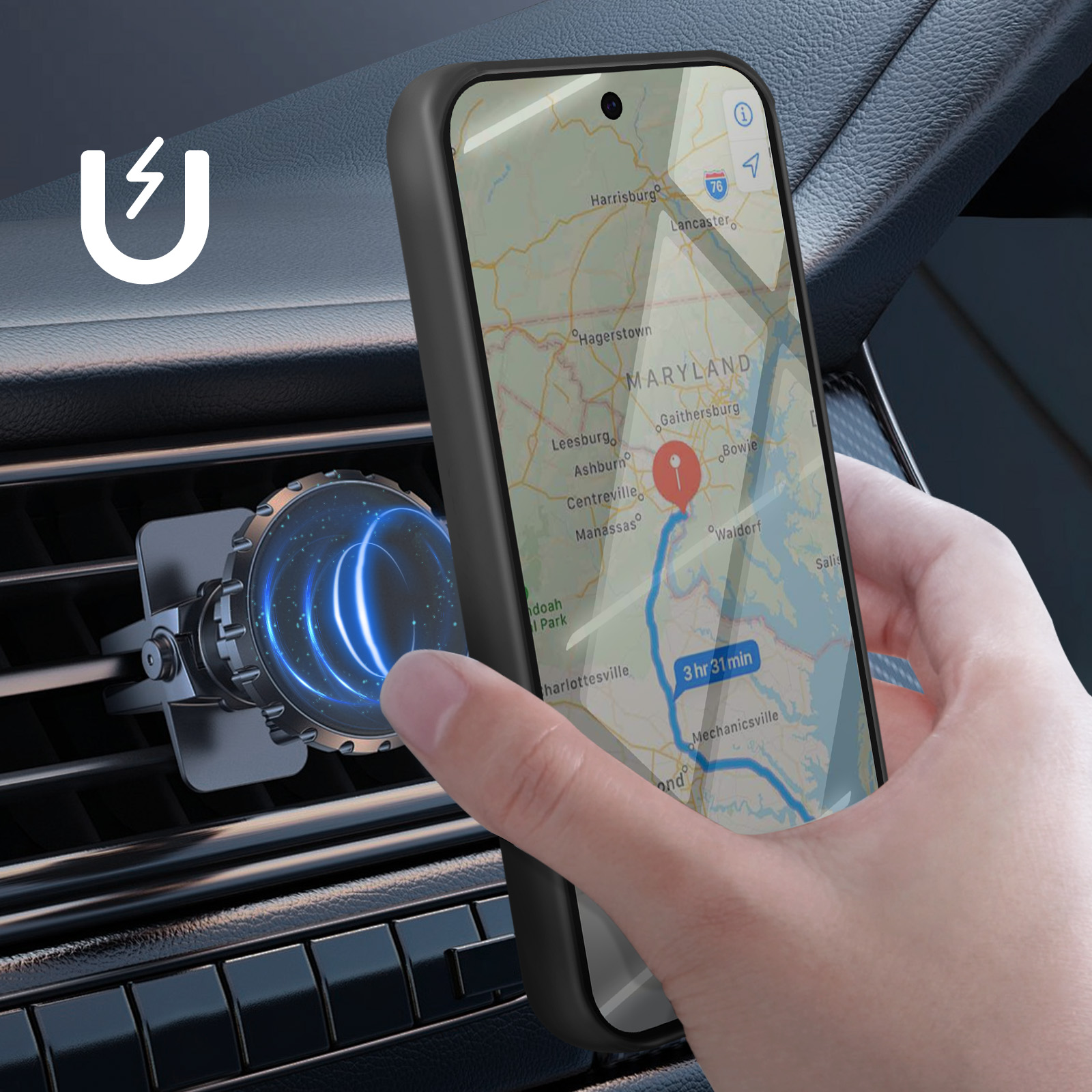 Un telefono con mappa è montato su una presa d'aria. Una mano tocca lo schermo. È visibile anche un supporto magnetico.