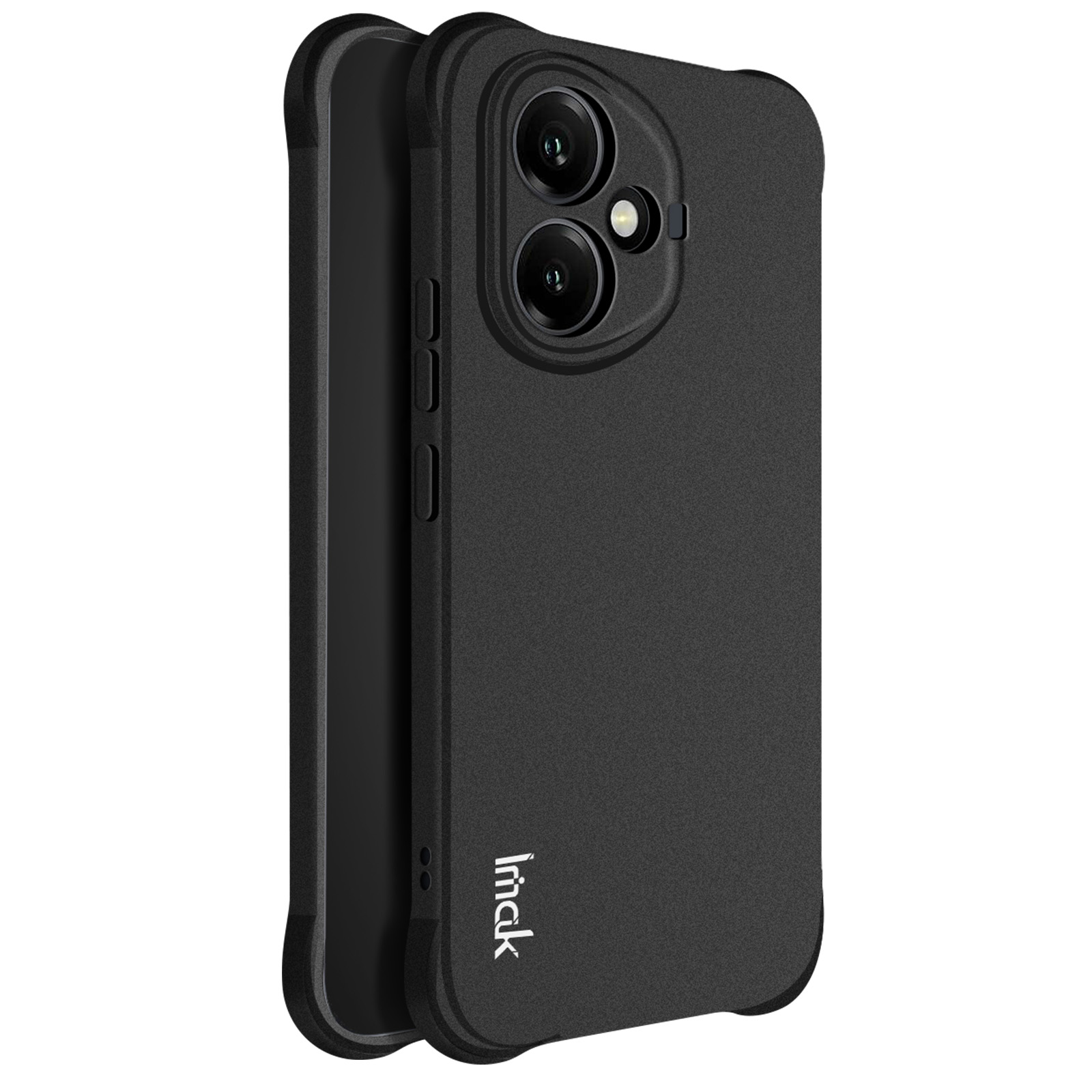 Custodia nera per telefono con fori per fotocamera e logo 'imak'. La custodia ha superficie strutturata.