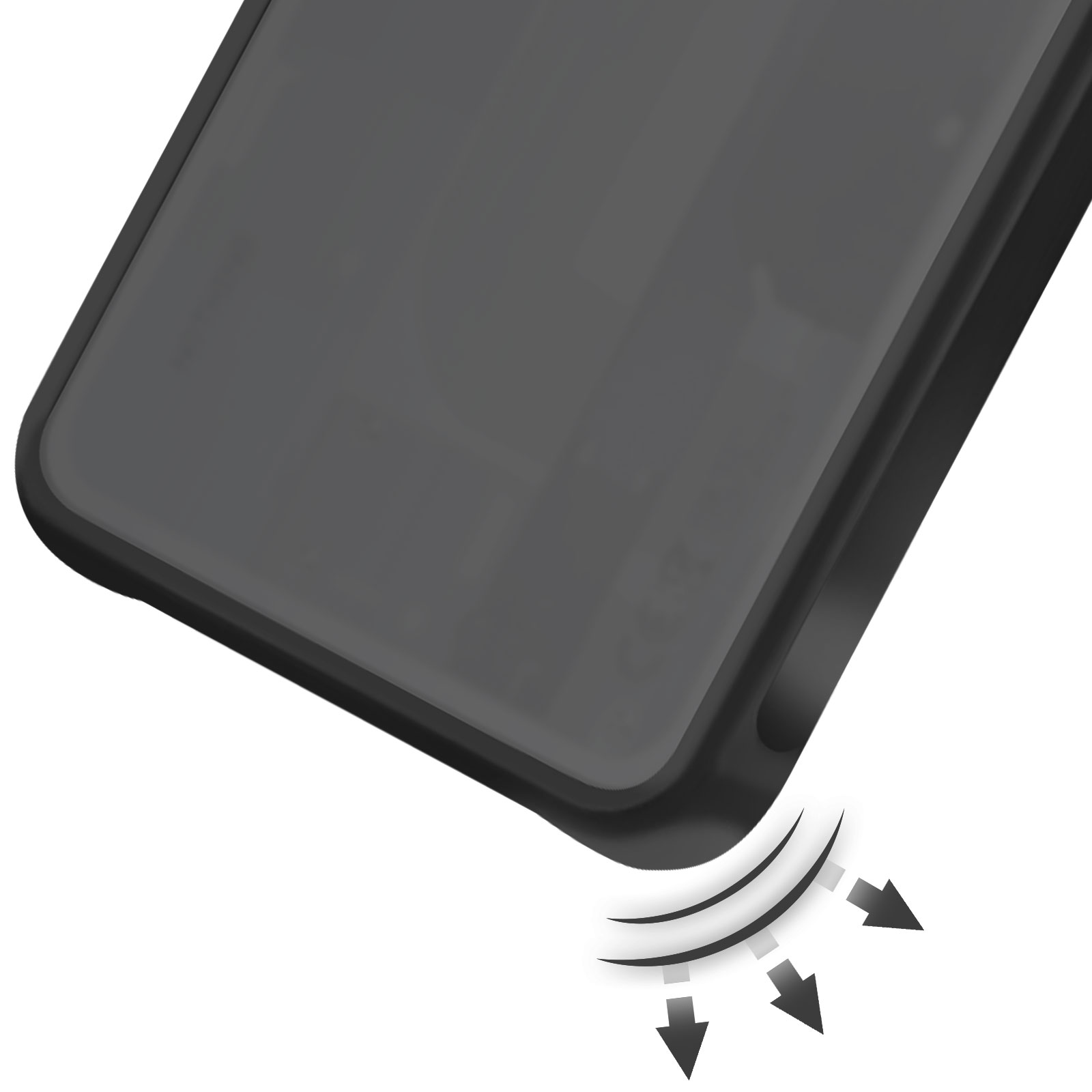Een close-up van een zwarte telefoonhoes. Pijlen en gebogen lijnen suggereren bescherming tegen impact of vallen.