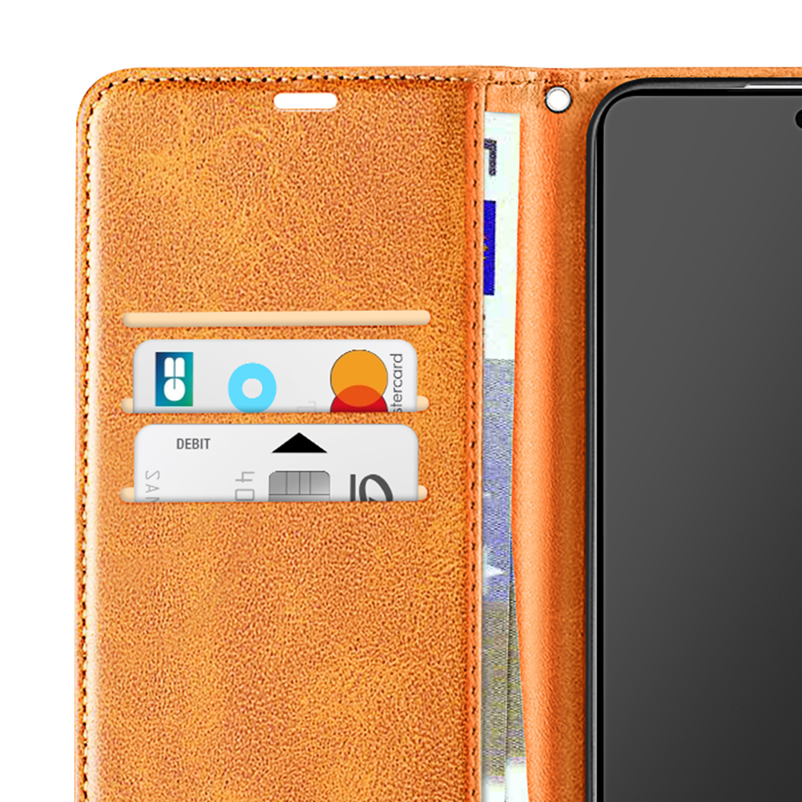 Una custodia per telefono in pelle marrone con carte, denaro e un telefono. La custodia è aperta e lo schermo del telefono è nero.