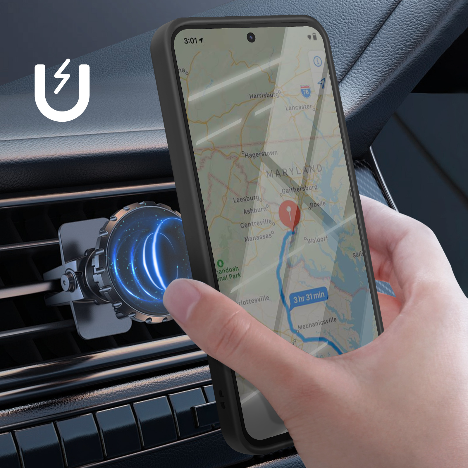 Un telefono con mappa viene tenuto vicino a una presa d'aria. Un supporto magnetico è collegato.