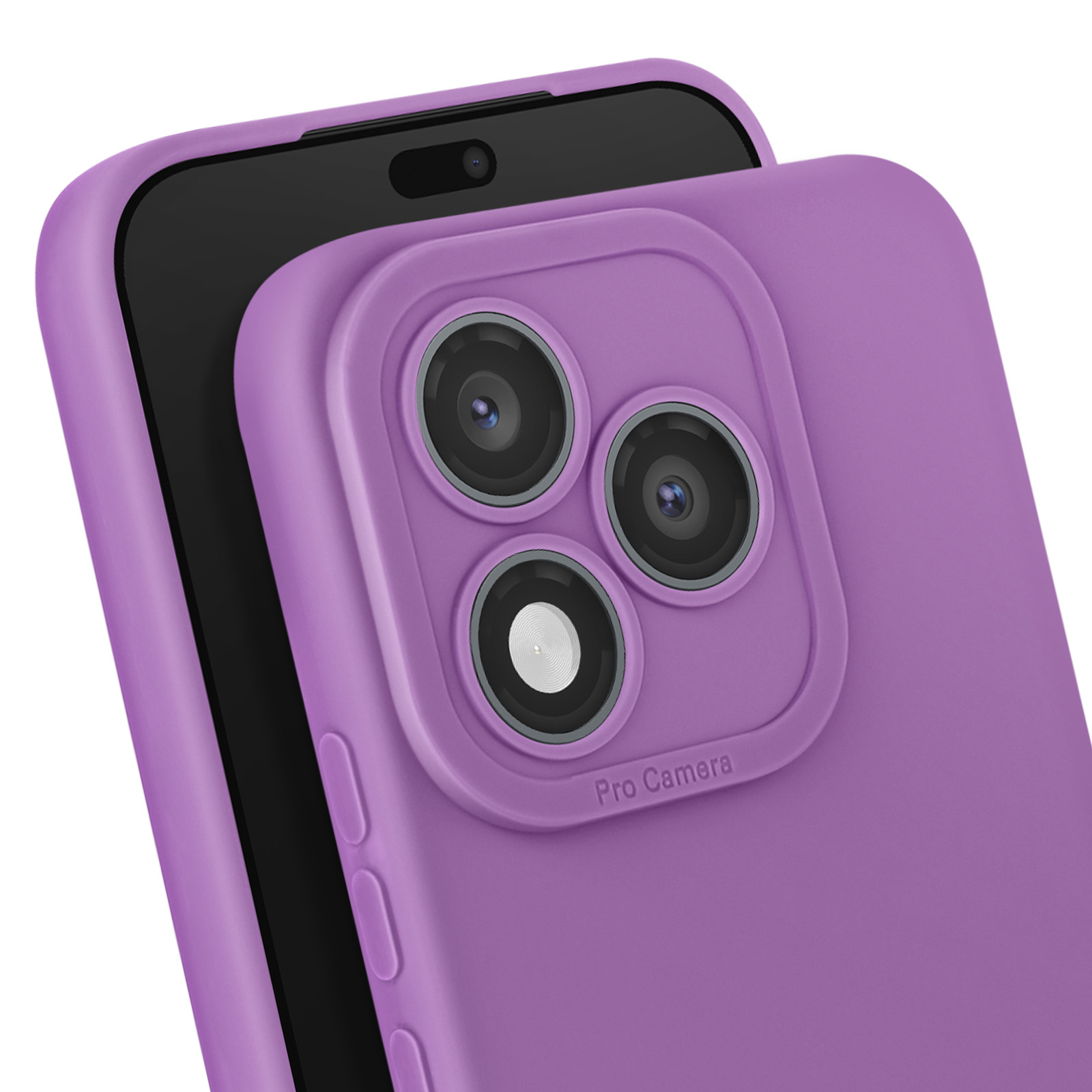 Primo piano di una custodia per telefono viola con un telefono nero all'interno. La custodia ha tre obiettivi.