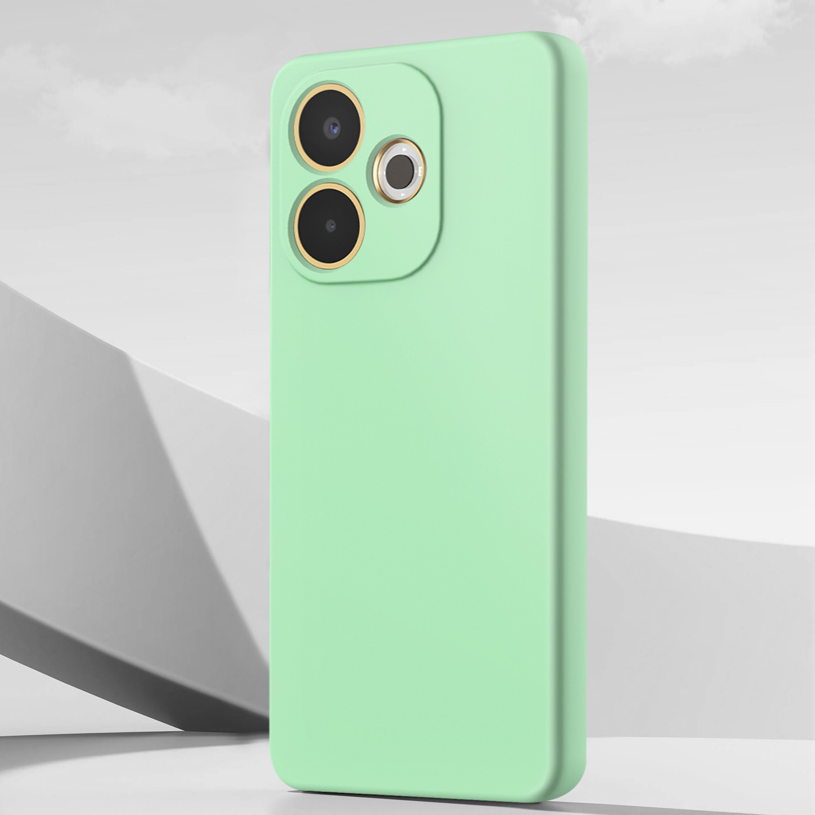 Custodia per telefono verde chiaro con tre obiettivi. Sfondo bianco e grigio con forme astratte.