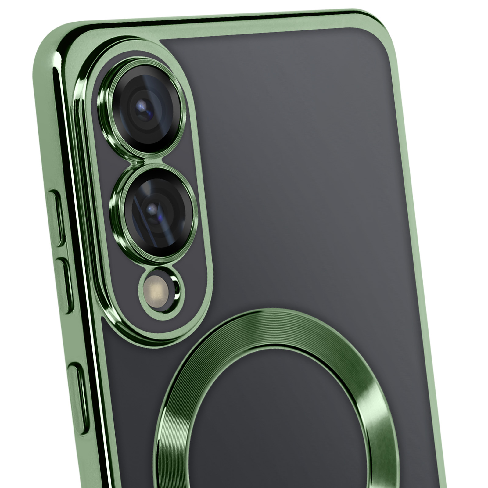 Primo piano di una custodia per telefono con cornice metallica verde e modulo fotocamera. La custodia è su sfondo grigio scuro.