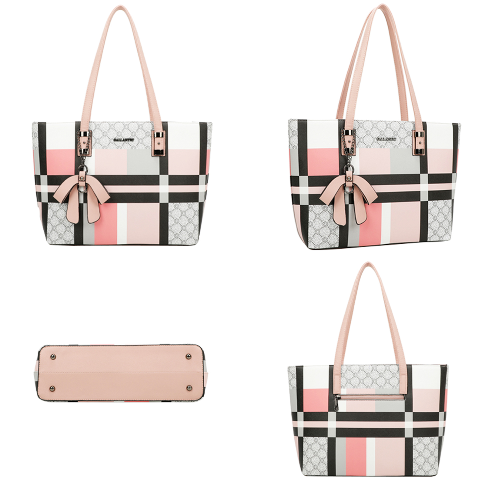 Cuatro imágenes de un bolso tote con estampado de cuadros rosa, negro y blanco. El bolso tiene asas rosas y un charm de lazo.