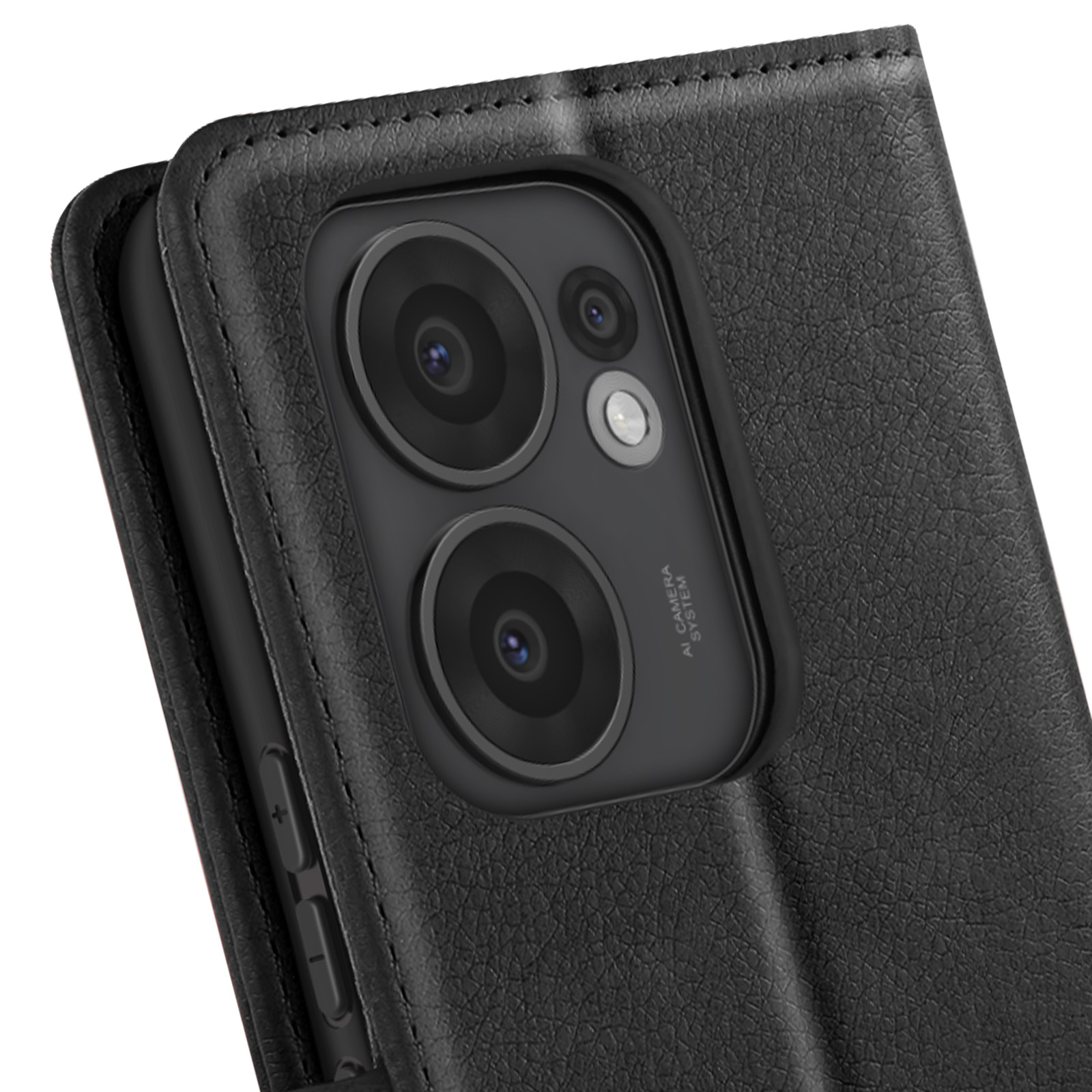 Nahaufnahme einer schwarzen Handyhülle mit Kameramodul. Ledertextur sichtbar. AI Camera System-Etikett.