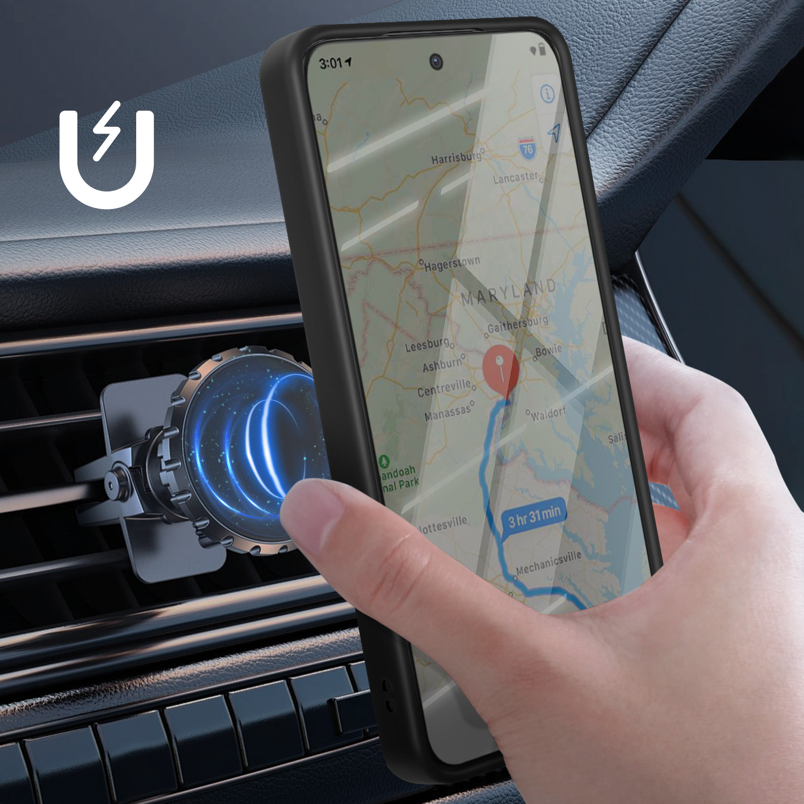 Ein Telefon mit einer Karte wird an einer Lüftungsöffnung im Auto befestigt. Eine Hand berührt das Telefon. Das Telefon hat eine schwarze Hülle.