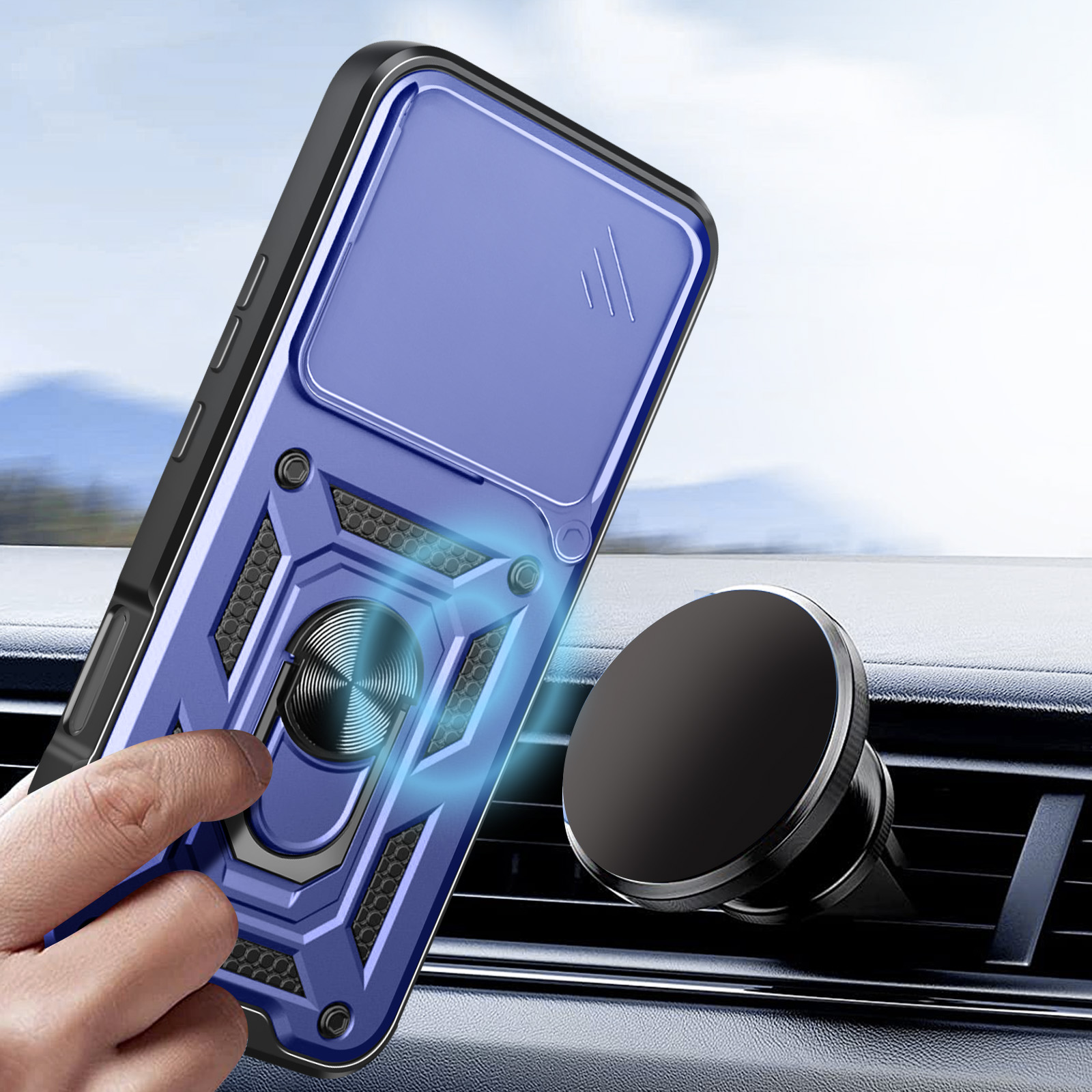 Una custodia blu per telefono con supporto ad anello viene tenuta vicino a un supporto magnetico per auto. Sullo sfondo montagne.