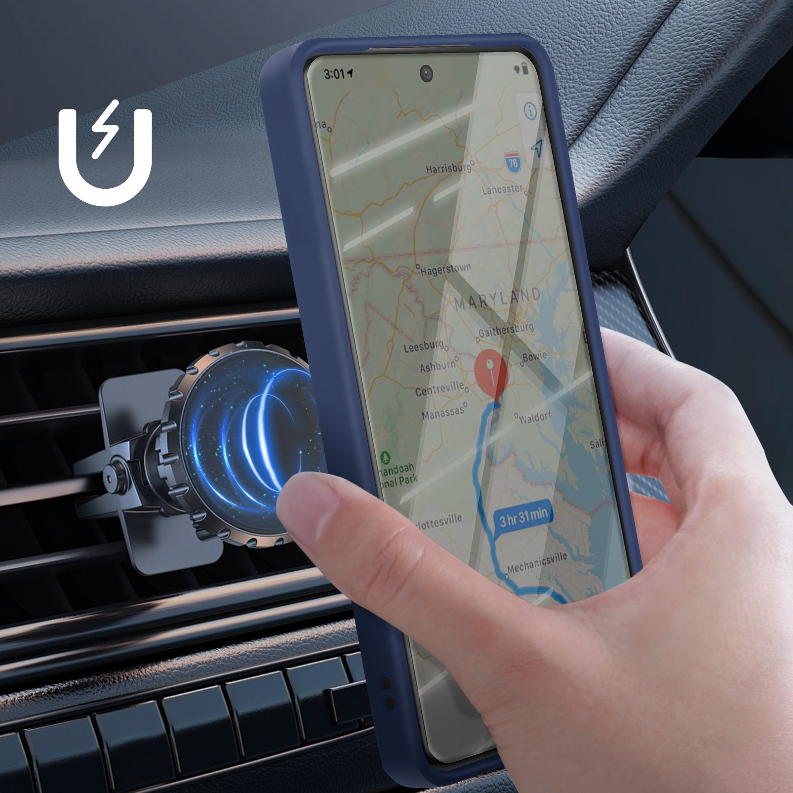 Un telefono con mappa viene tenuto vicino a una presa d'aria dell'auto, accanto a un supporto magnetico.