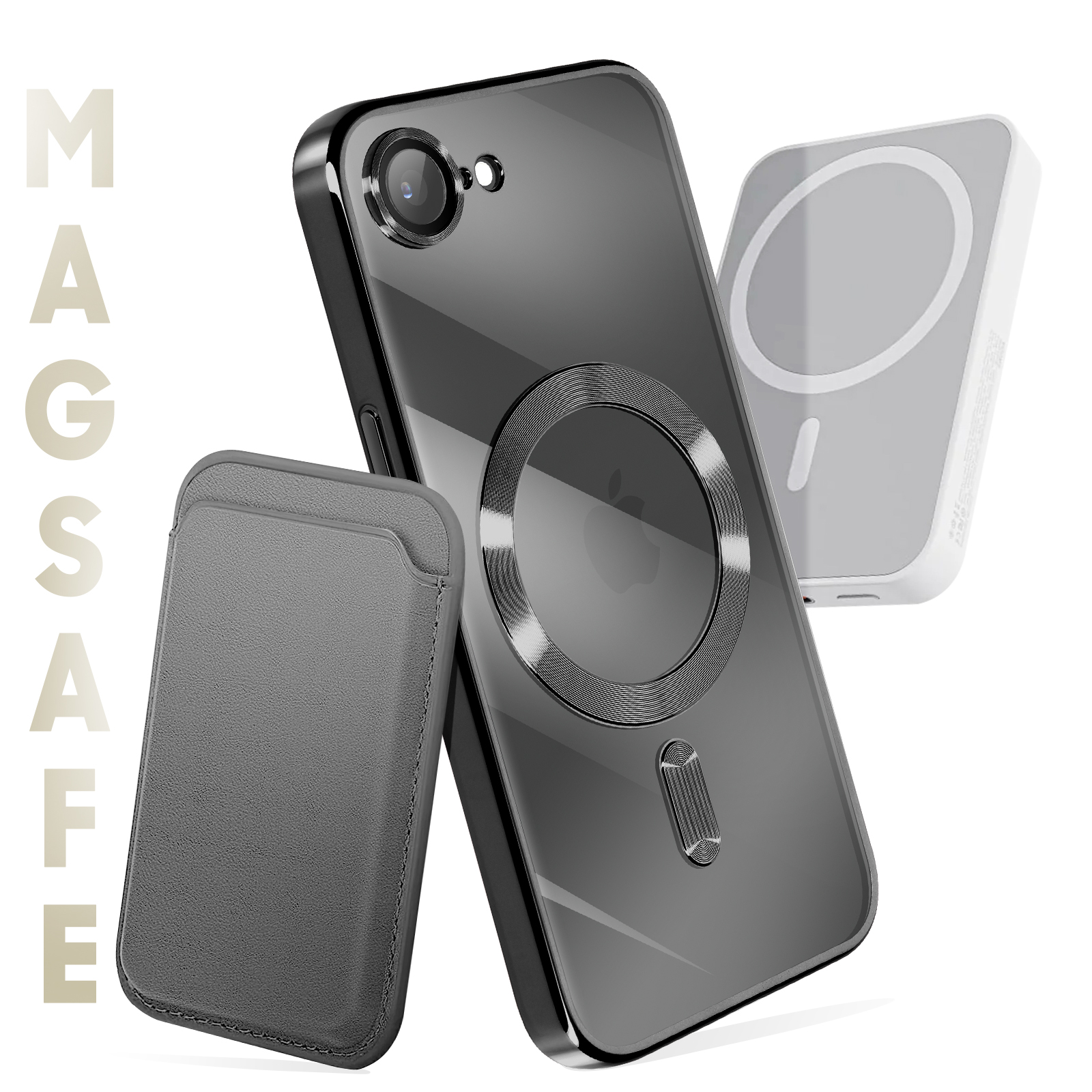 Une coque de téléphone et un portefeuille sont affichés. La coque est transparente, le portefeuille gris, et un chargeur blanc.