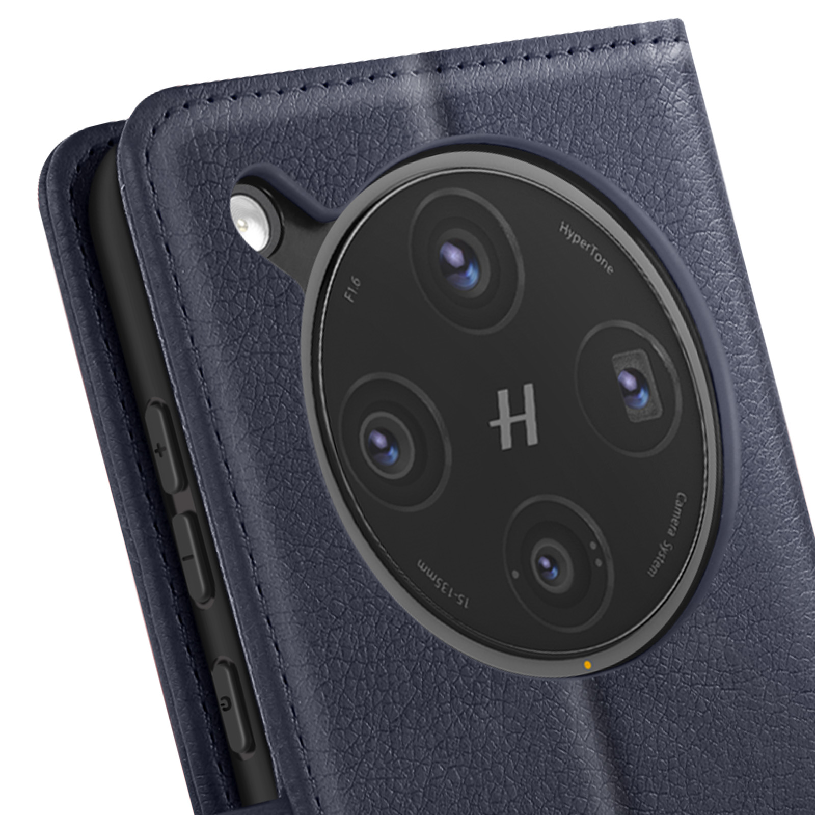 Funda de teléfono azul oscuro con módulo de cámara circular. La funda está abierta, revelando la cámara.