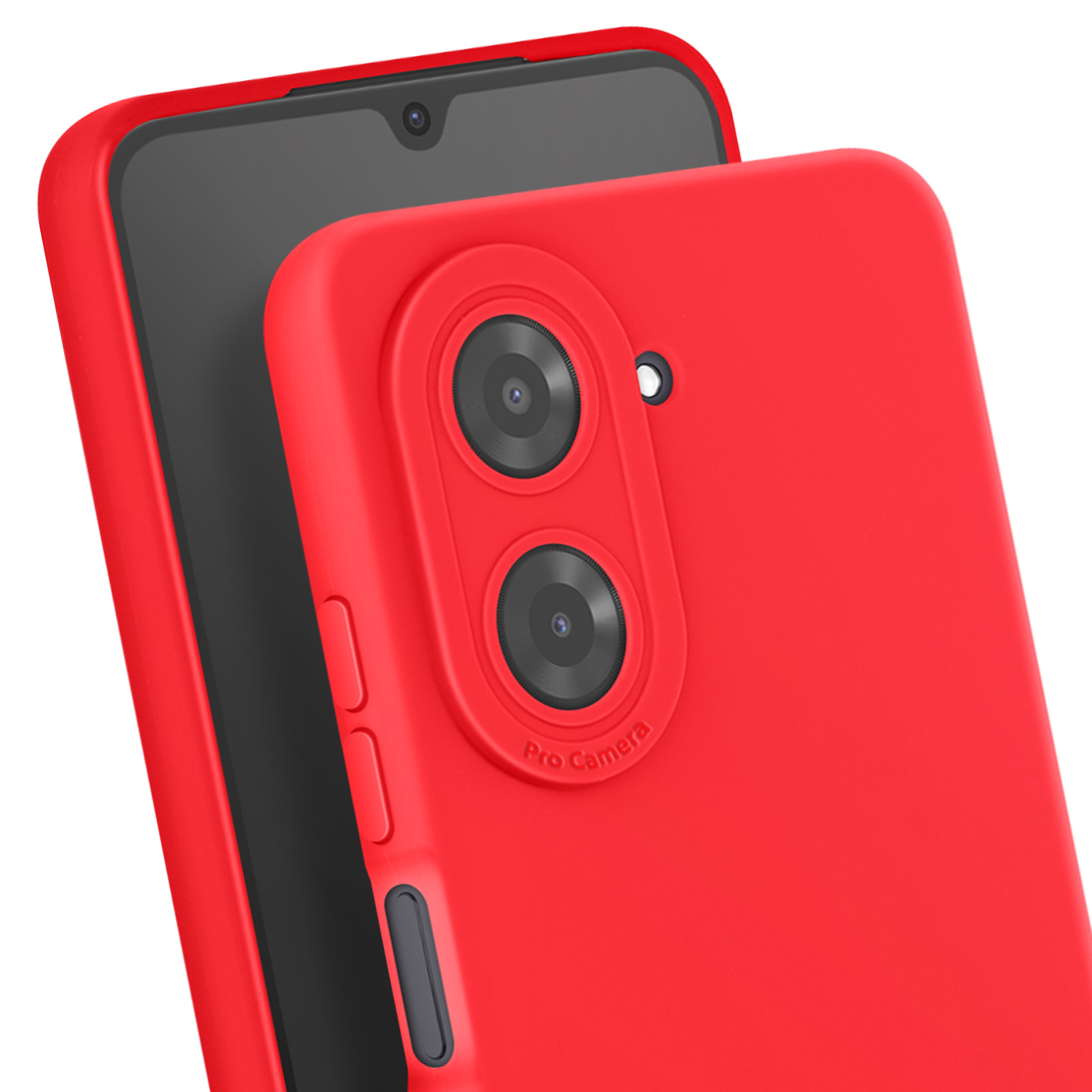 Custodia rossa per telefono con dettaglio fotocamera, che copre uno schermo nero. La custodia ha un'etichetta fotocamera pro.