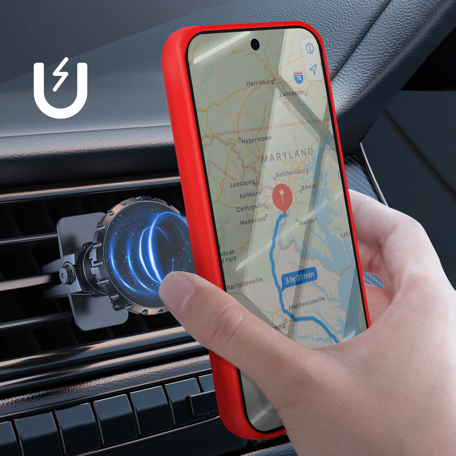 Un telefono con custodia rossa mostra una mappa. È montato su un supporto magnetico per bocchetta dell'auto. Una mano tiene il telefono.