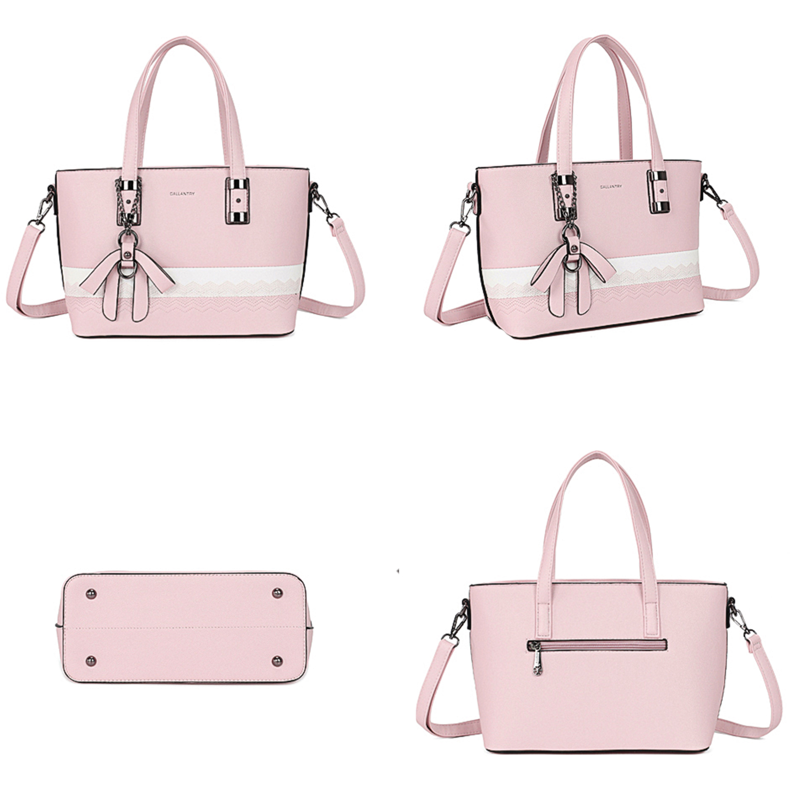 Bolso de mano rosa con asas y correa para el hombro. Tiene una franja blanca y una borla decorativa.