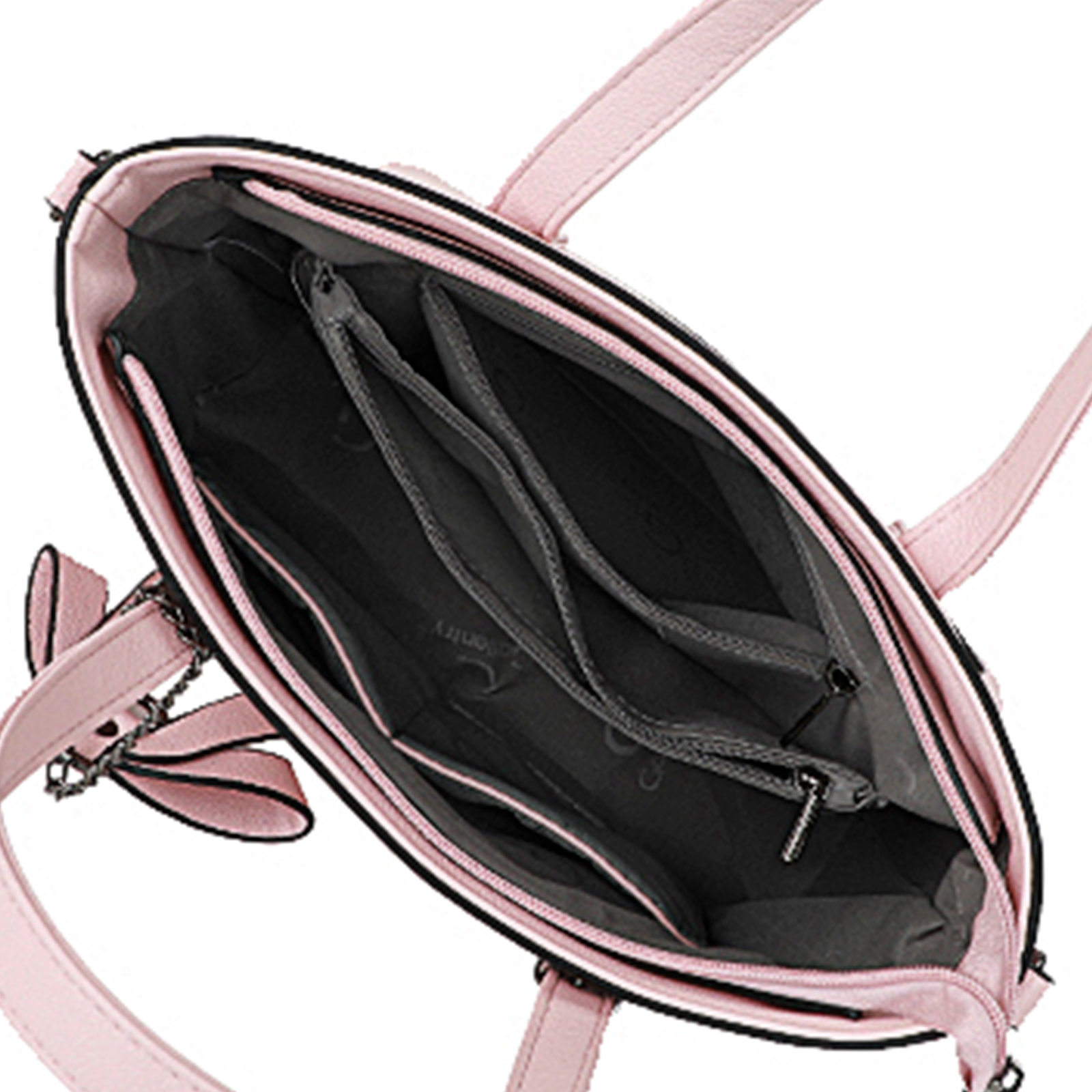 Un bolso rosa con interior negro y múltiples compartimentos. Un lazo está adherido al costado.