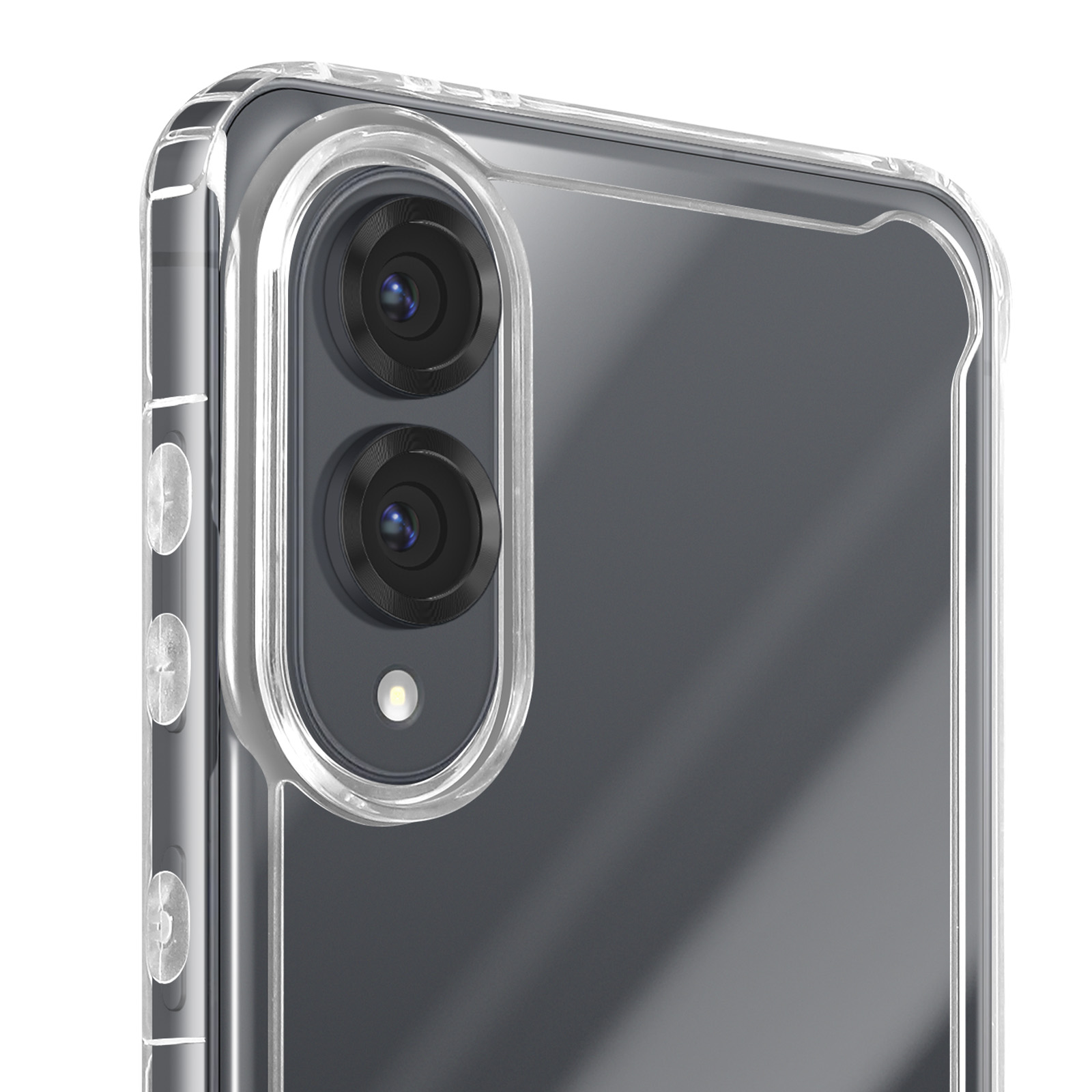 Primo piano di un telefono. Il telefono ha una custodia trasparente. Sono visibili due obiettivi della fotocamera.