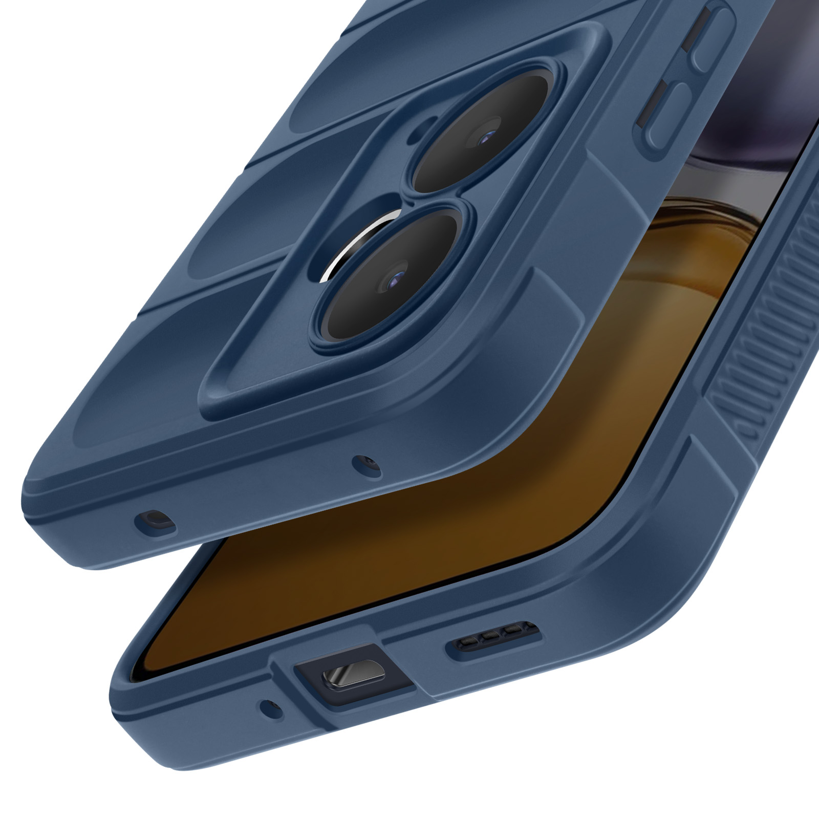 Una custodia per telefono blu scuro, separata in alto e in basso, che rivela lo schermo del telefono. La custodia ha ritagli per la fotocamera e pulsanti.