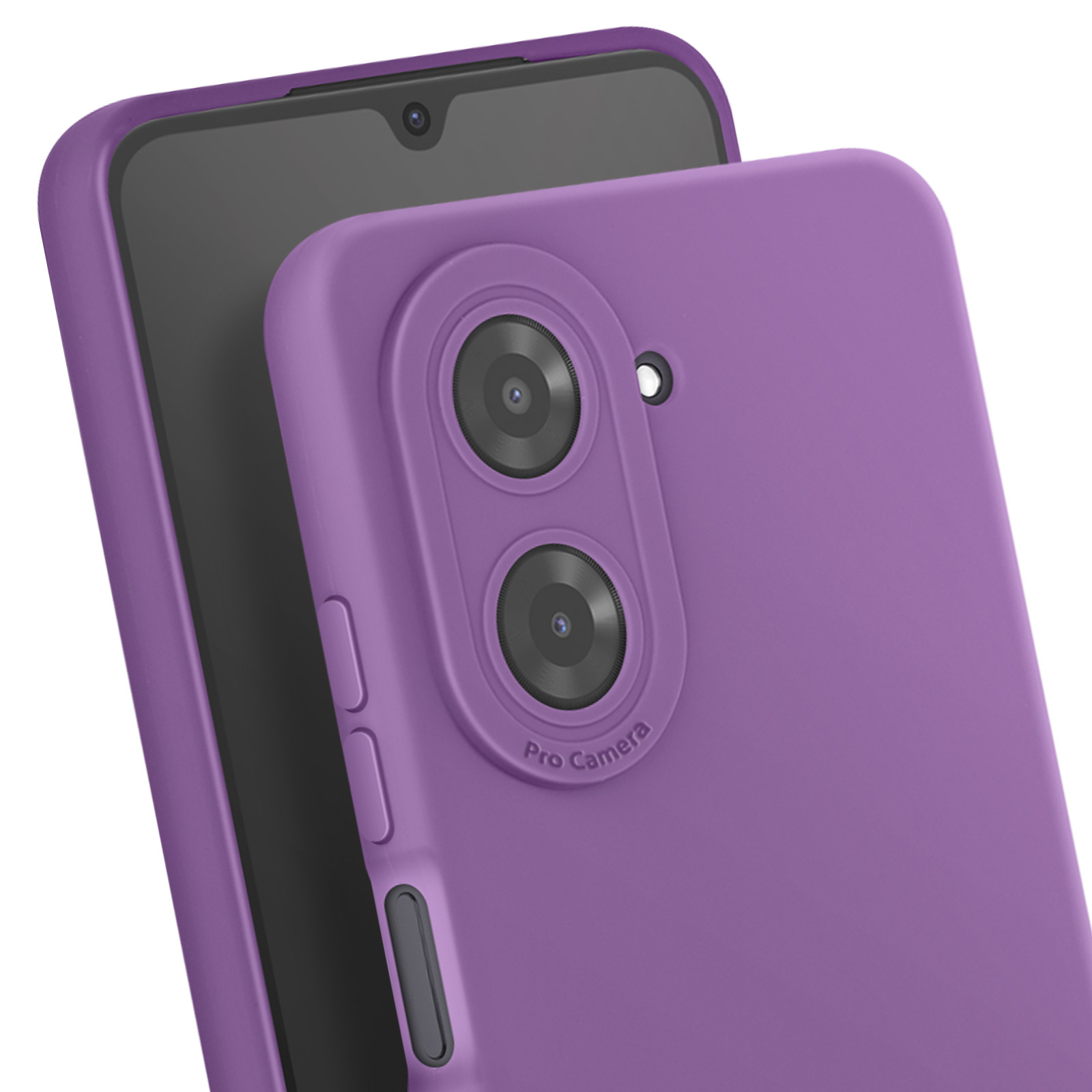 Een paarse telefoonhoes met twee camera's, een flitser en een zwart telefoonscherm is zichtbaar.