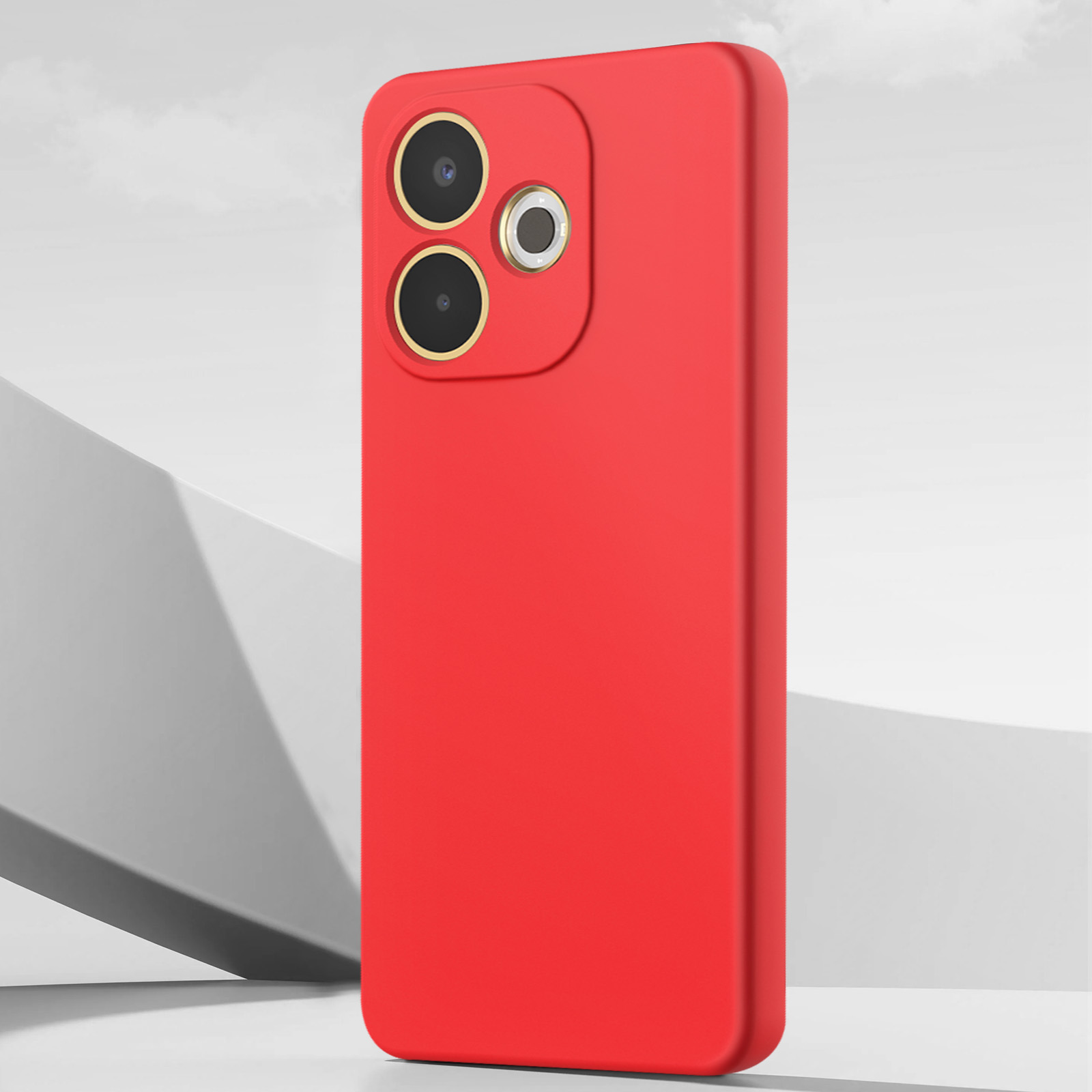 Una custodia rossa per telefono con tre obiettivi, bordi dorati e sfondo bianco e grigio.