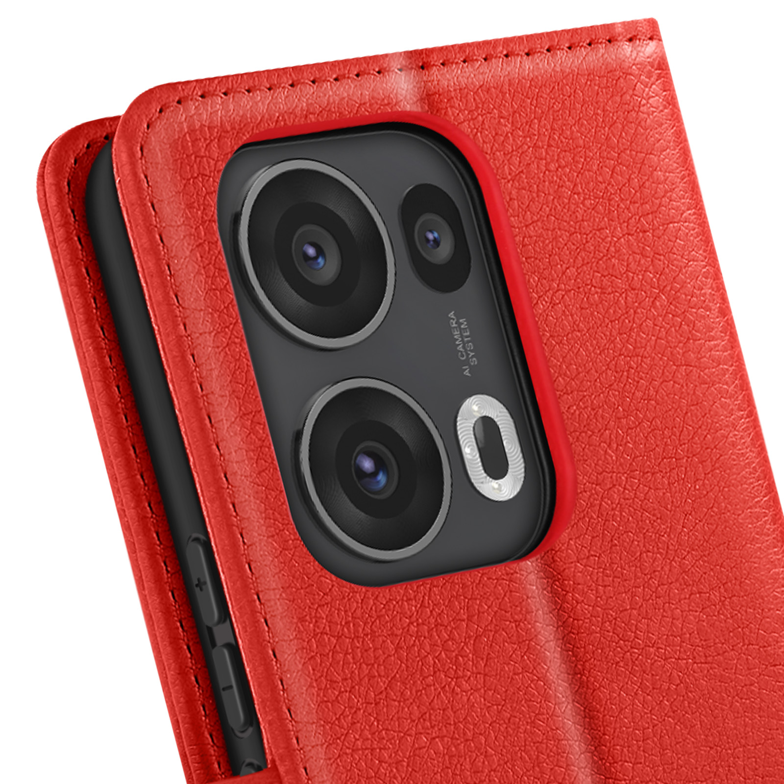 Rote Leder-Handyhülle mit Dreifach-Kameraobjektiv. Schwarzes Telefon mit Knöpfen an der Seite.