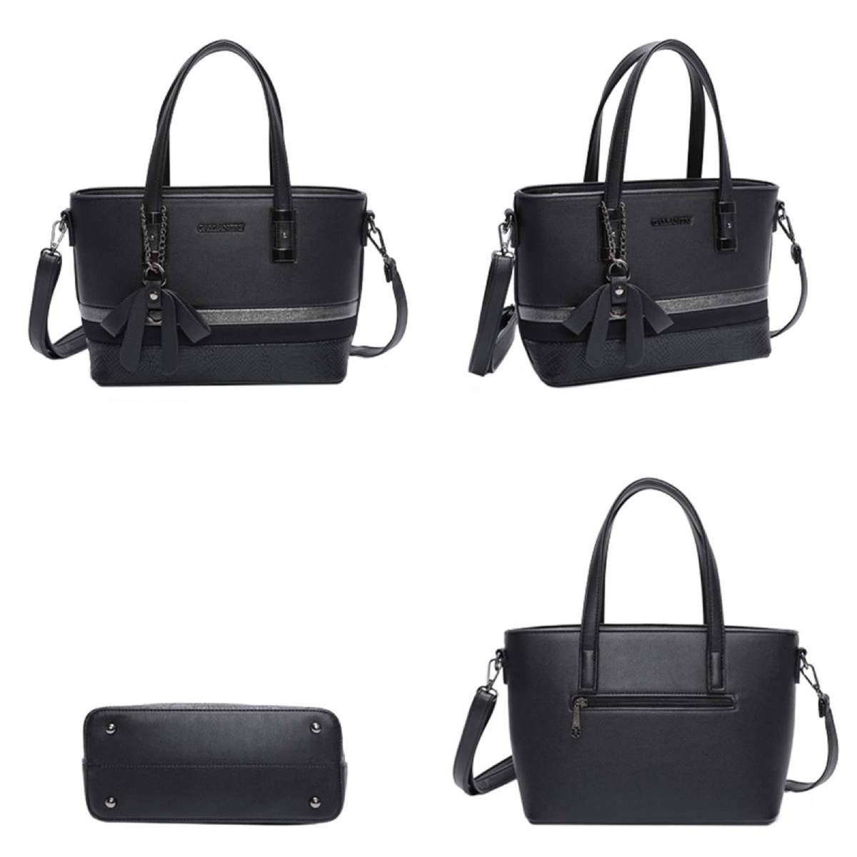 Cuatro vistas de un bolso negro. Tiene un asa superior, una correa para el hombro y un dije decorativo. El diseño incluye secciones texturizadas.