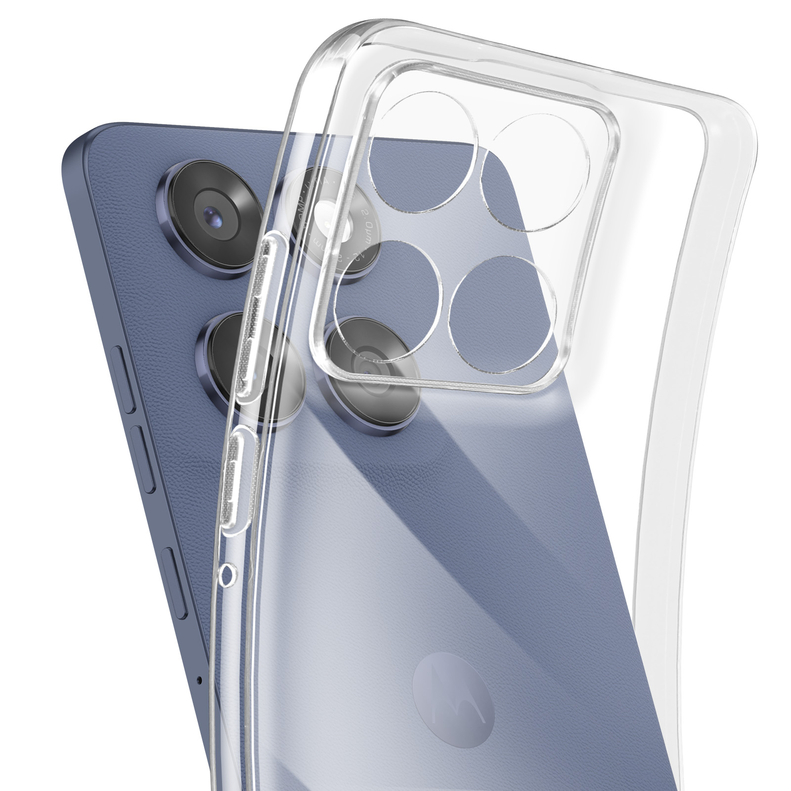 Een blauwe telefoon met drie camera's is gedeeltelijk bedekt door een transparante telefoonhoes.