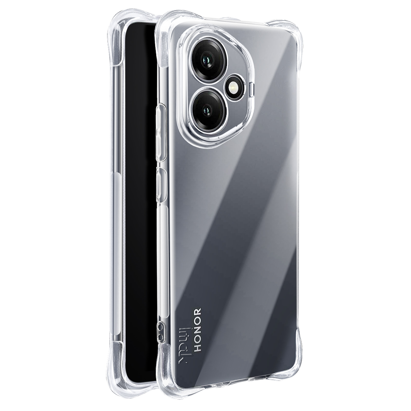 Coque transparente pour smartphone, lentilles de caméra visibles. L'écran est noir.