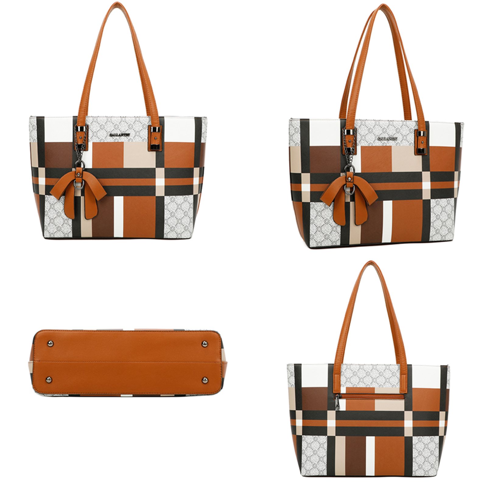 Un bolso tote con un patrón de cuadros marrón, blanco y negro. Tiene asas marrones y un dije en forma de lazo.