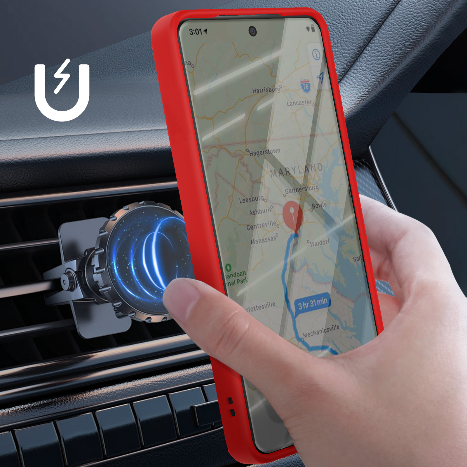 Un telefono con custodia rossa mostra una mappa. È montato su una presa d'aria dell'auto con un supporto magnetico.