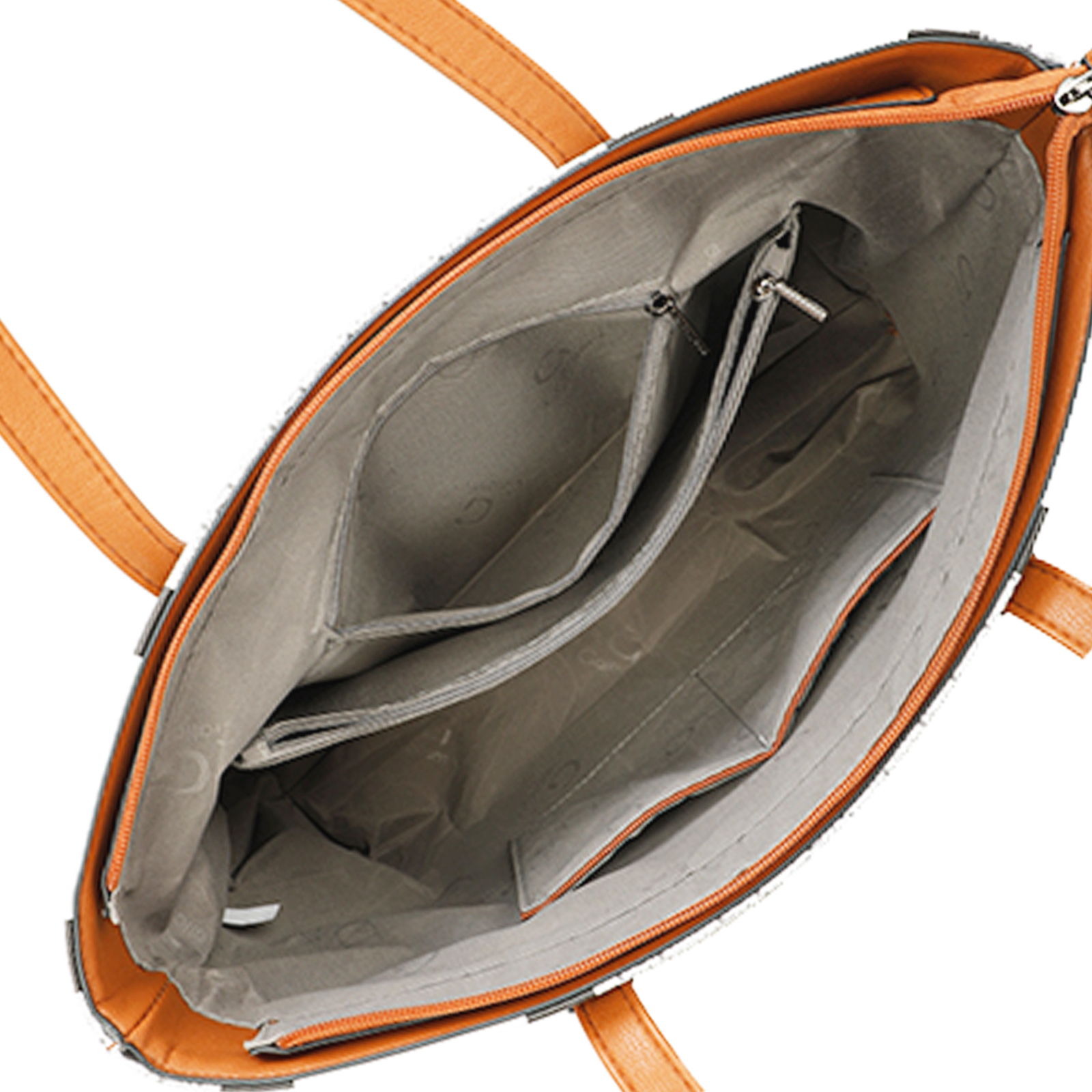 Interior de bolso tote marrón abierto con bolsillos y cremalleras. Asas marrones y cremallera naranja.