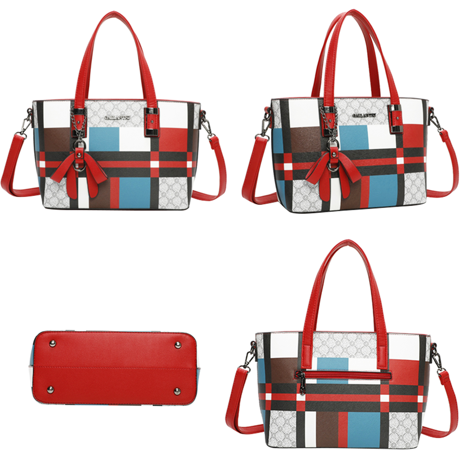 Un bolso con asas rojas y correa para el hombro. Presenta un estampado de cuadros en blanco, rojo, azul y marrón.