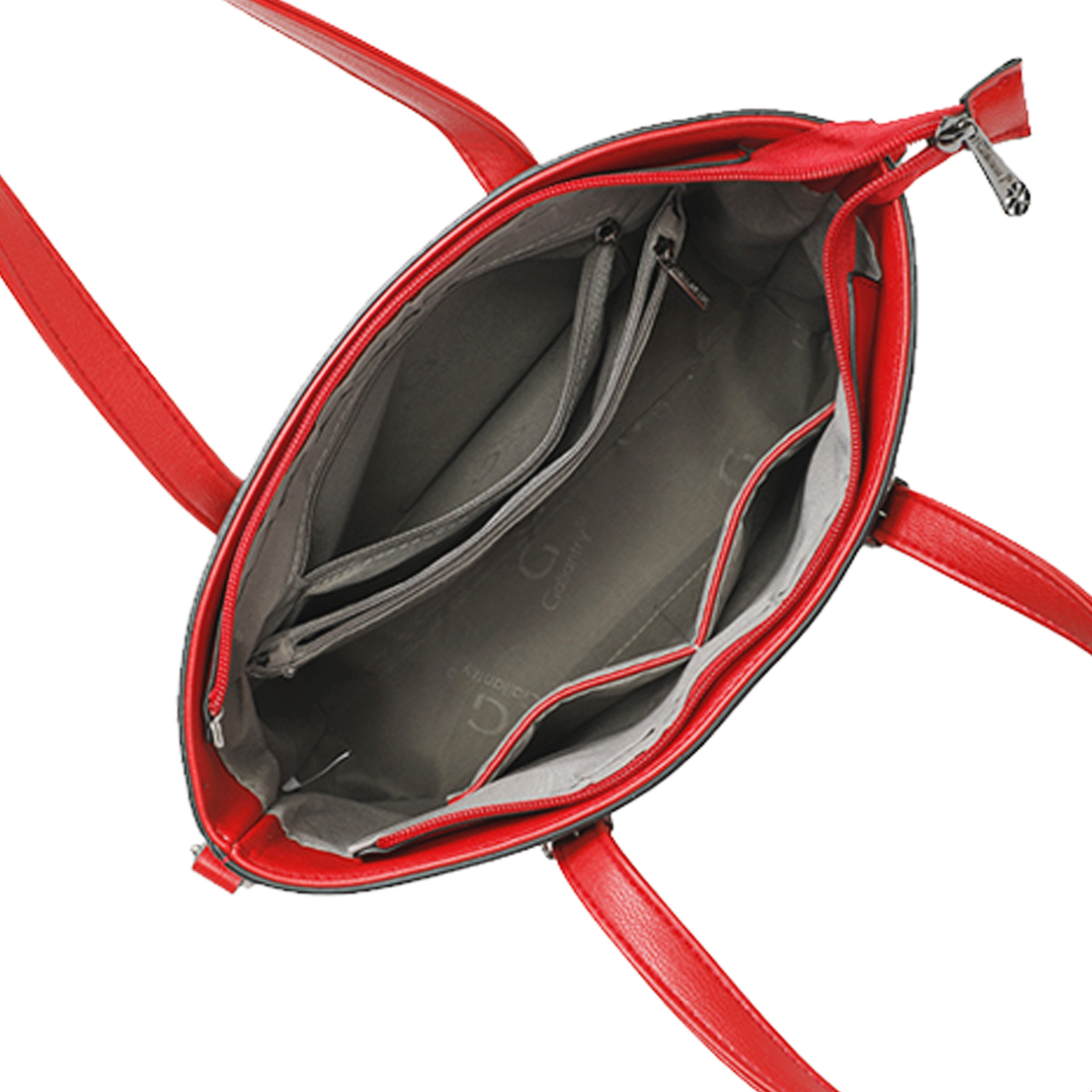 Bolso rojo abierto que muestra compartimentos interiores grises. Las asas rojas se extienden desde los lados. Cierre de cremallera visible.