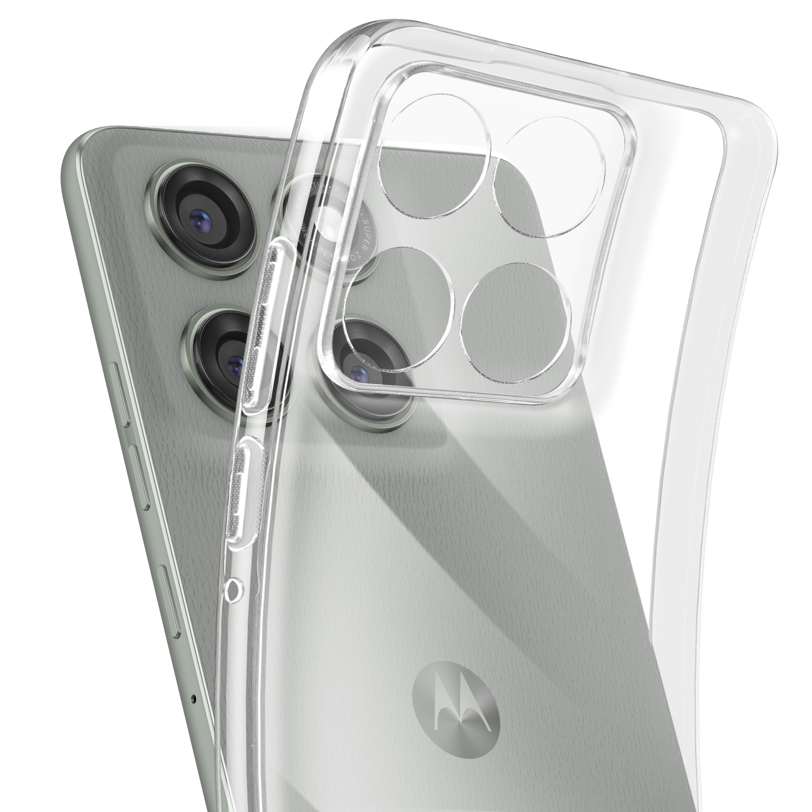 Een telefoon met een doorzichtige beschermhoes. De telefoon is lichtgroen. Er zijn drie cameralenzen.