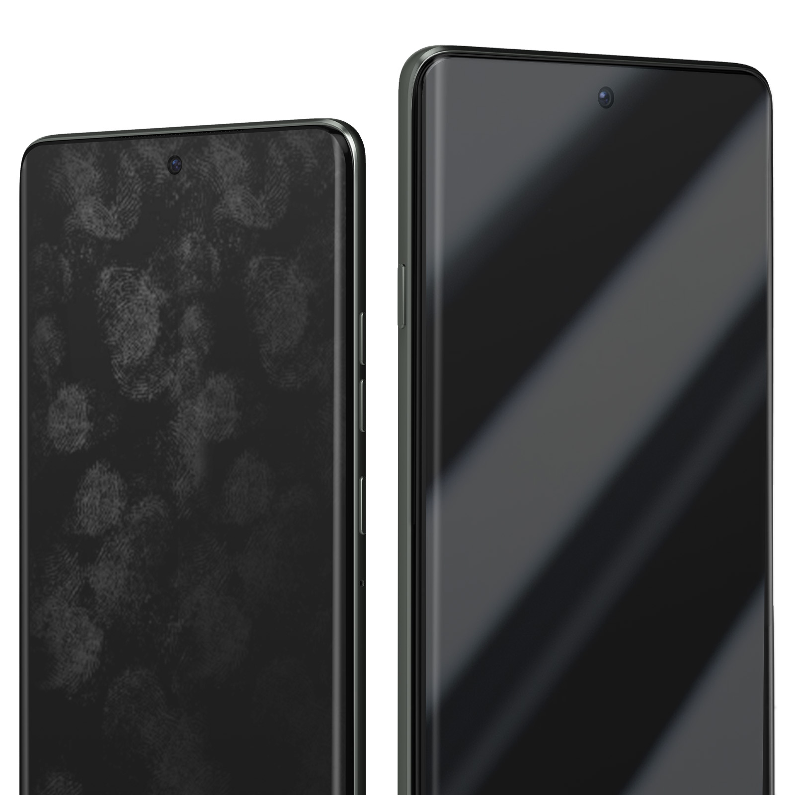 Due smartphone affiancati, uno coperto di impronte digitali. Entrambi hanno una fotocamera frontale.