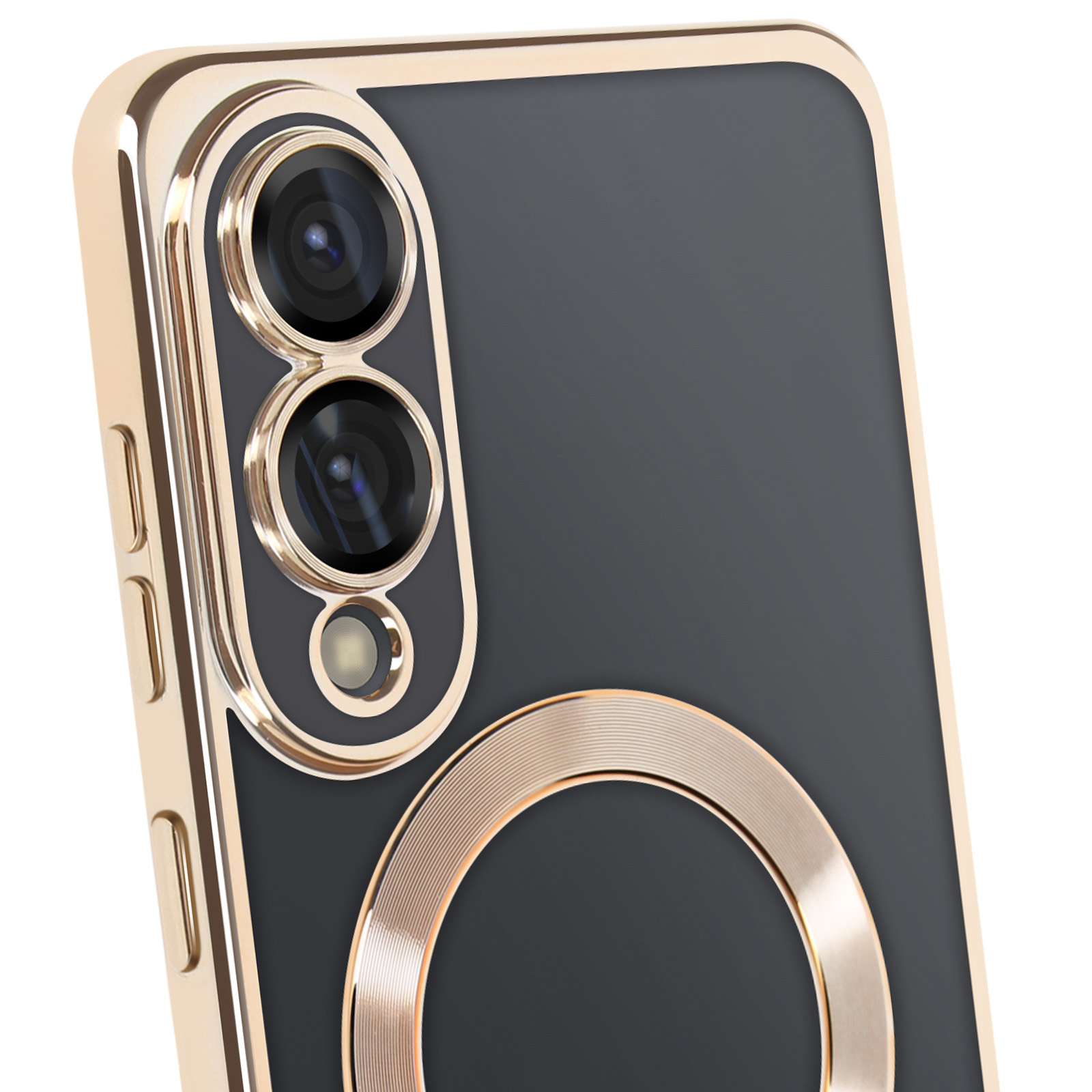 Primo piano di una custodia per telefono con finiture dorate. Sono visibili gli obiettivi della fotocamera e un anello circolare.