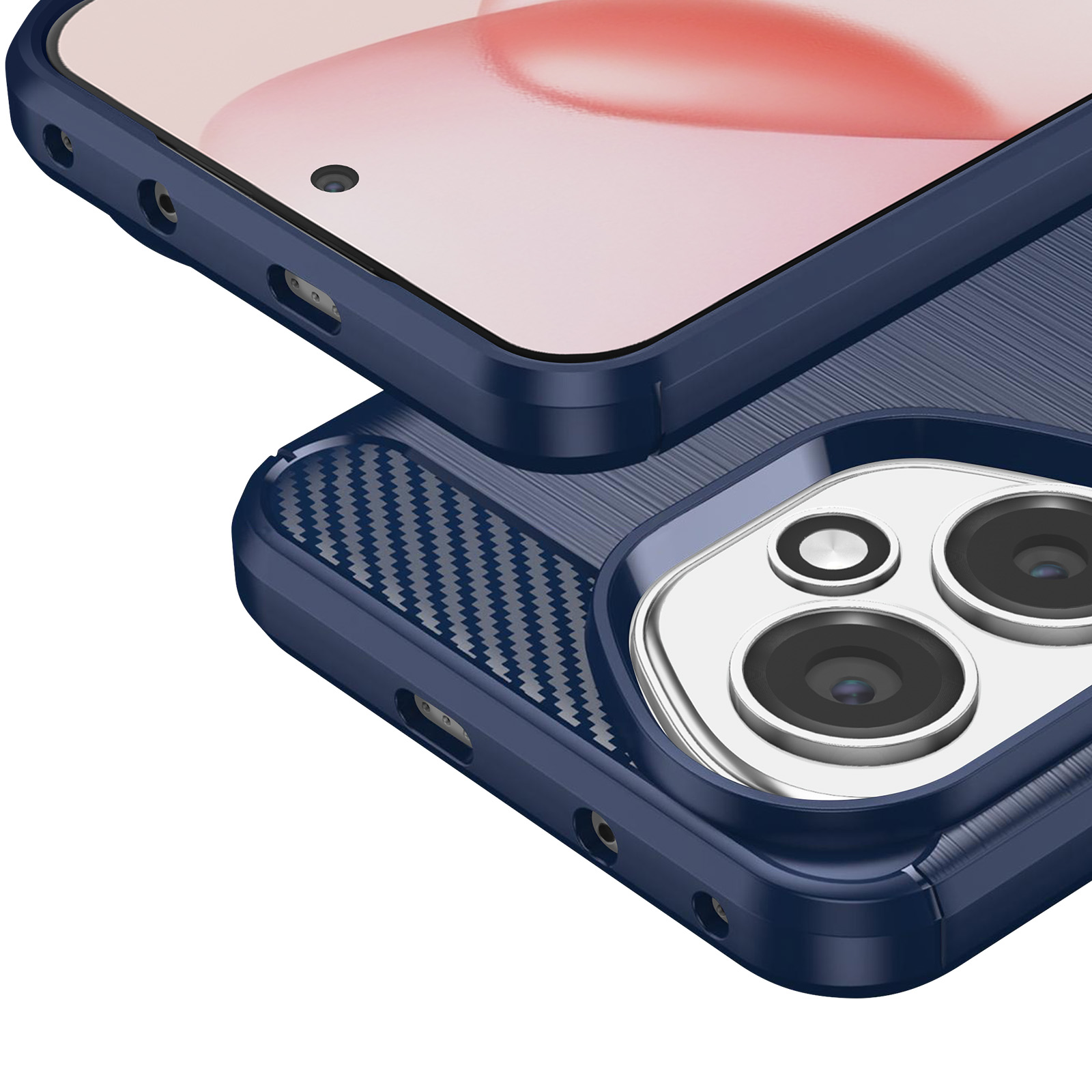 Primo piano di una custodia blu per telefono con schermo. La custodia ha un retro strutturato.