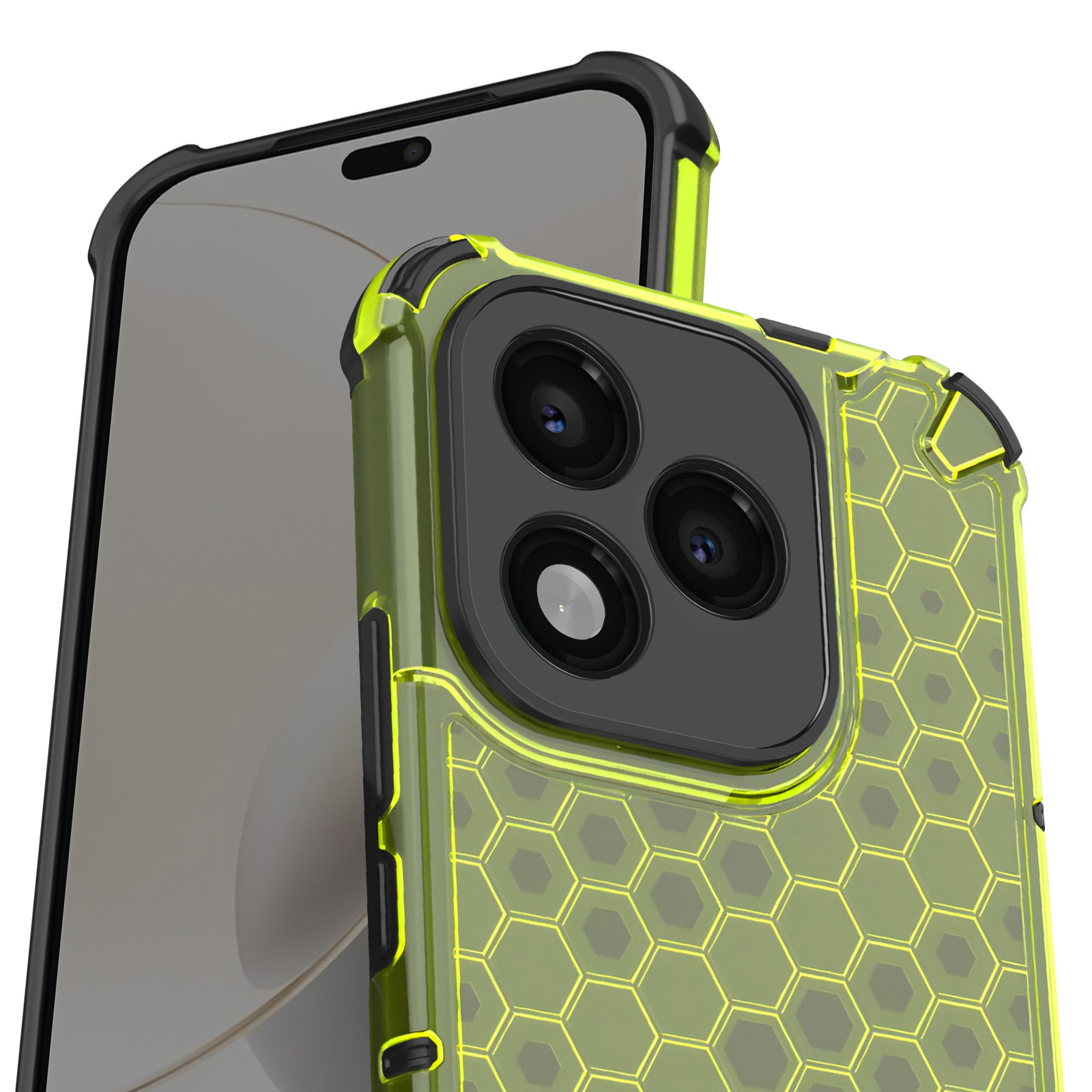 Un telefono in una custodia verde a nido d'ape è davanti a un altro telefono. La custodia è dettagliata e lo sfondo è bianco.
