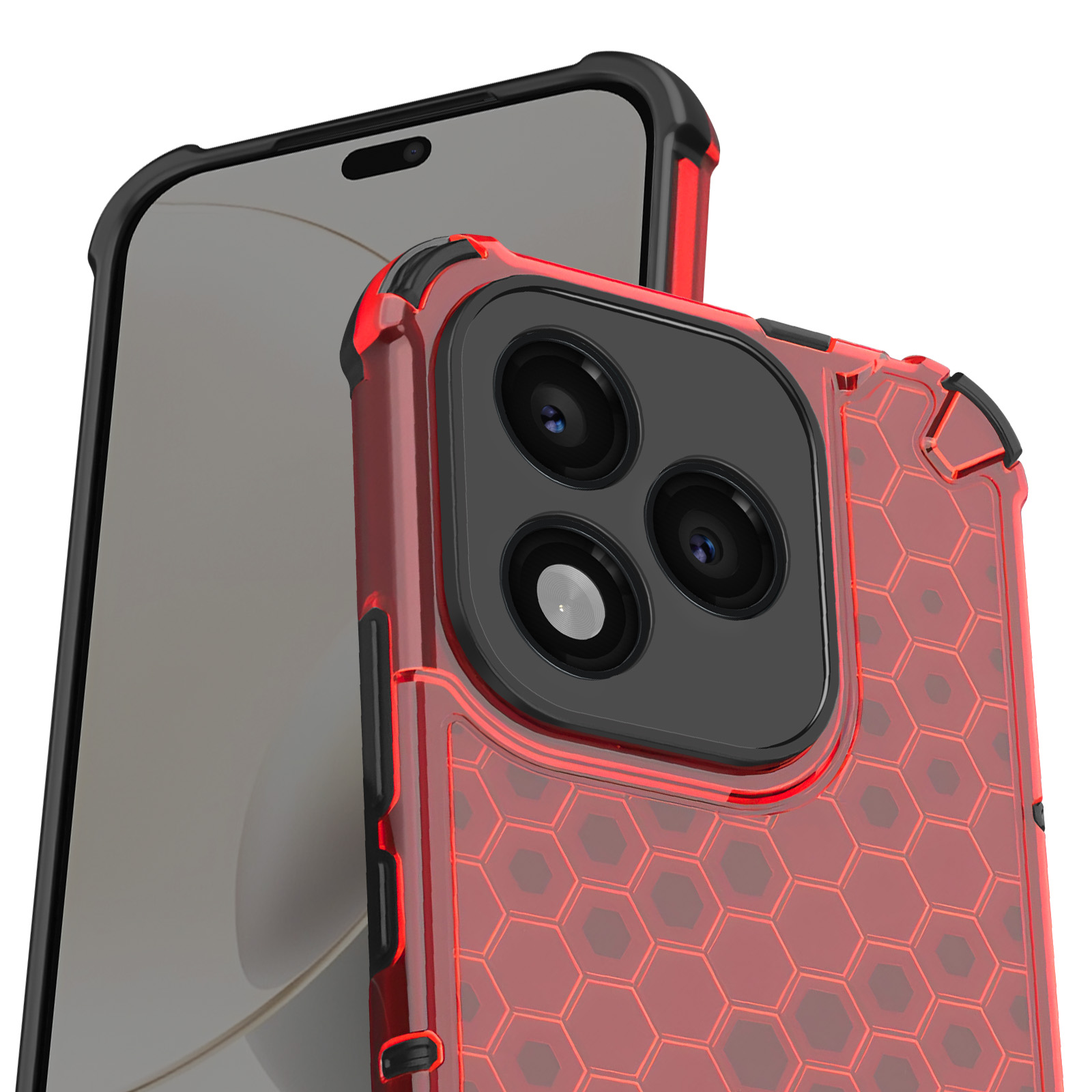 Primo piano di un telefono in una custodia rossa a nido d'ape, con modulo fotocamera nero e schermo nero.