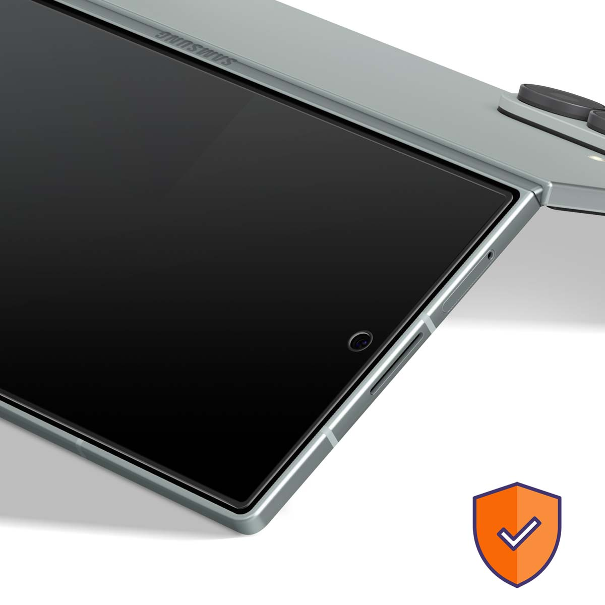 Vista ravvicinata di un tablet argentato. Lo schermo è nero, con un piccolo obiettivo. Il logo Samsung è visibile.