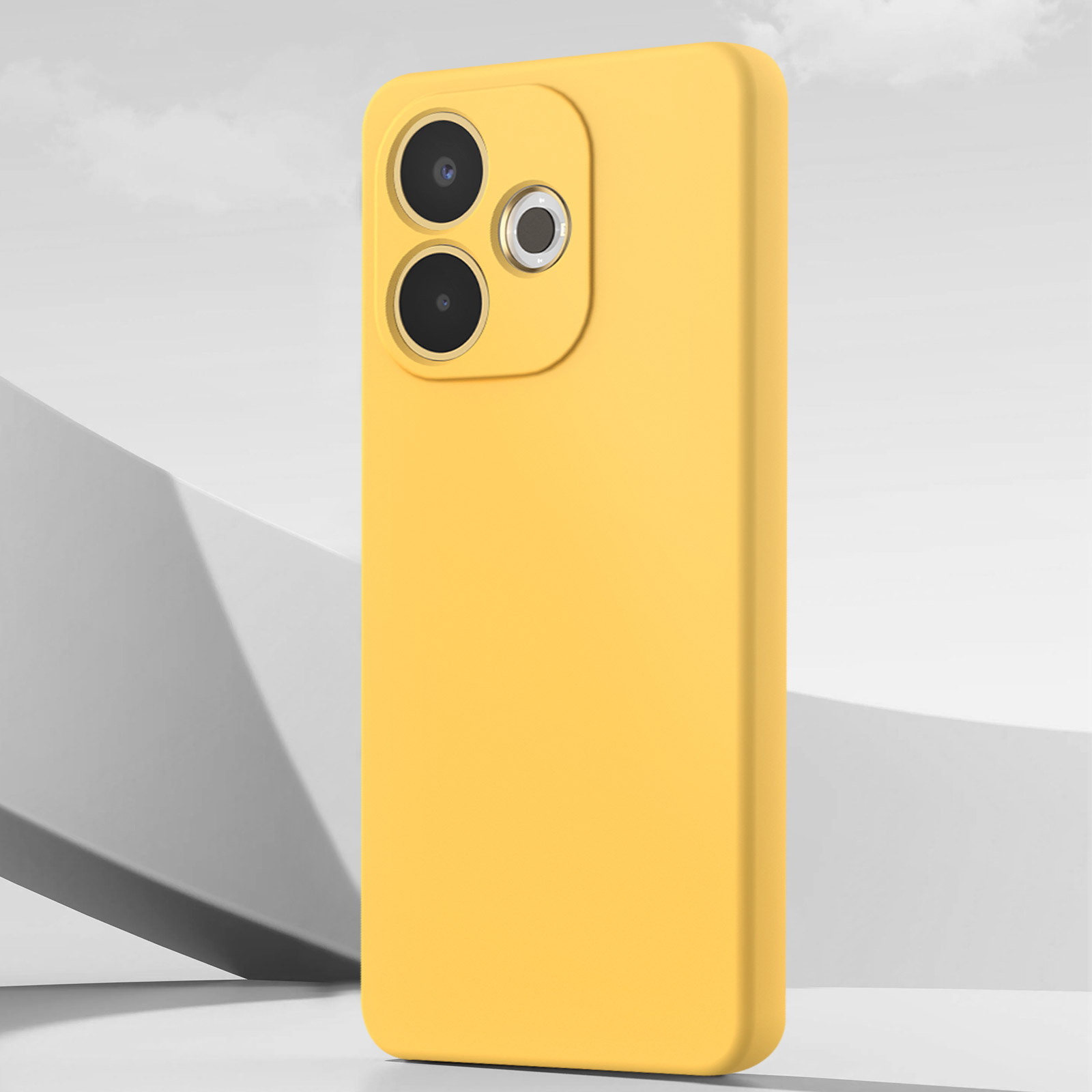 Custodia gialla per telefono con tre obiettivi. Sfondo bianco con forme simili a nuvole e strutture geometriche.