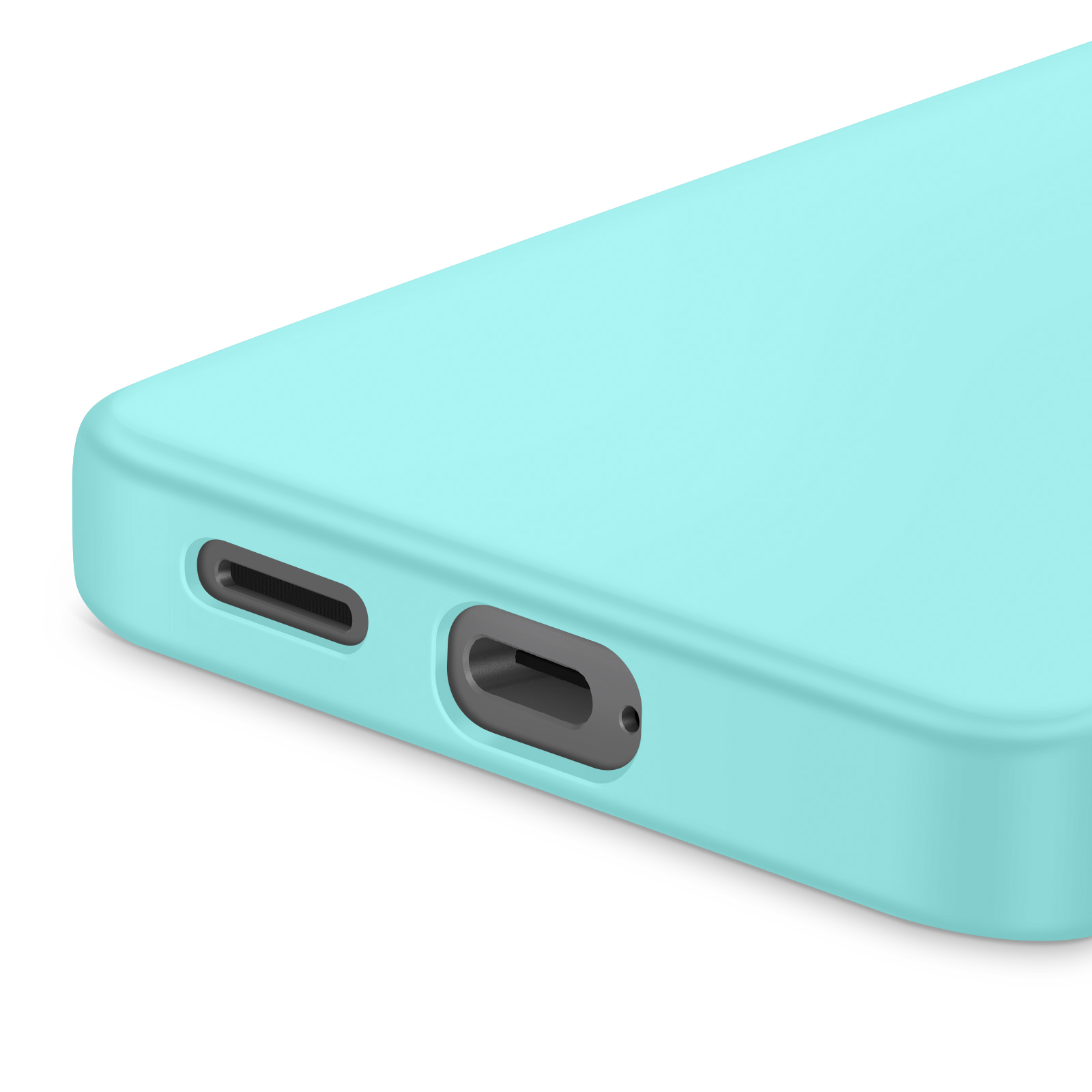 Close-up van een lichtblauwe telefoonhoes met poorten. Twee donkergrijze poorten zijn zichtbaar tegen de blauwe achtergrond.